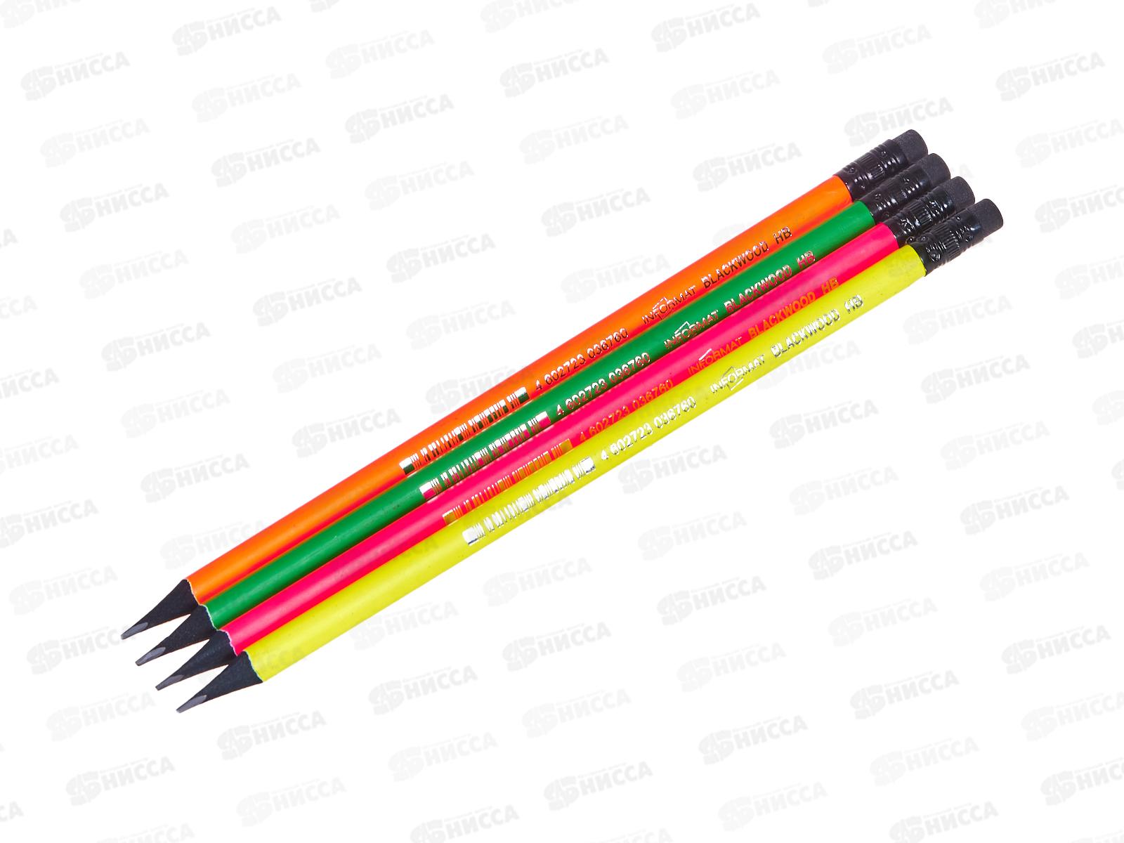 Карандаш чернографитный с ластиком  inФОРМАТ Blackwood HB черный держатель ,неон PTNBWT *48/576