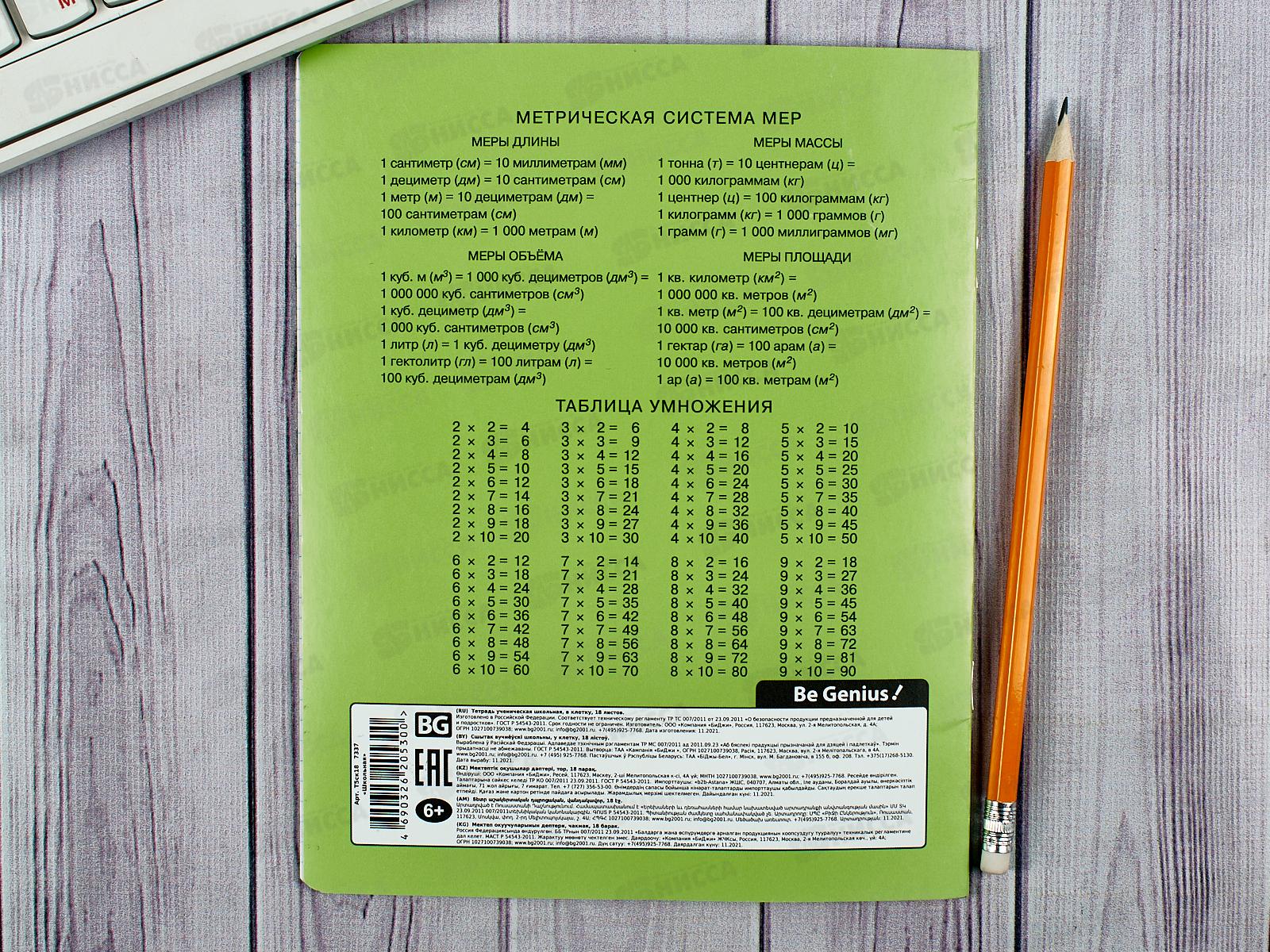 Тетрадь 18 листов клетка BG Школьная зеленая обложка,7337*12/144