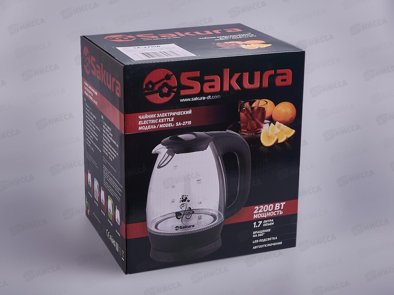 Чайник электрический SA-2715BK 1,7л стеклянный с подсветкой