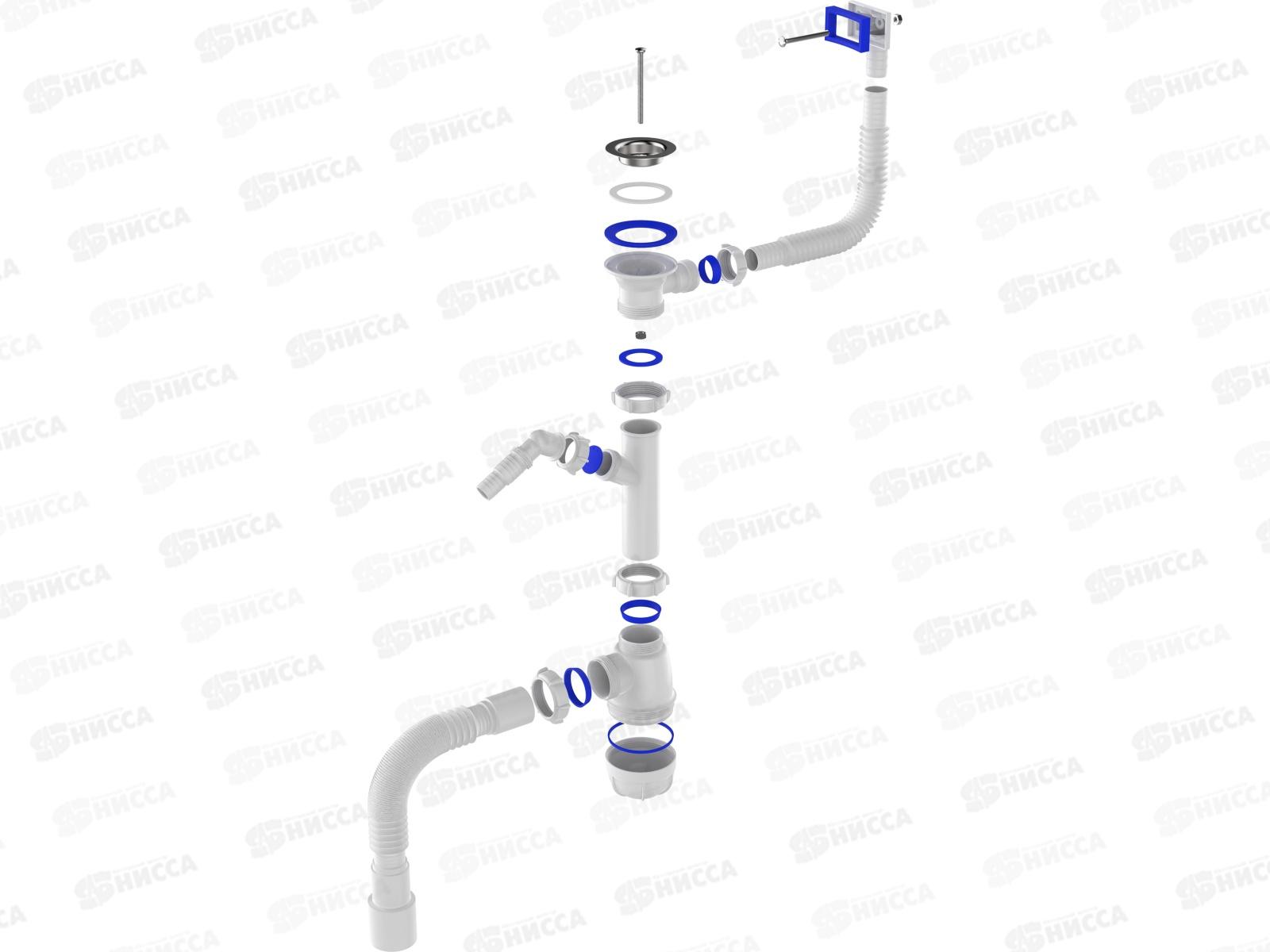 Сифон для кухни 1 1/2&quot х 40 с отводом для стиральной машины и переливом с гибкой трубой, B0015 *20