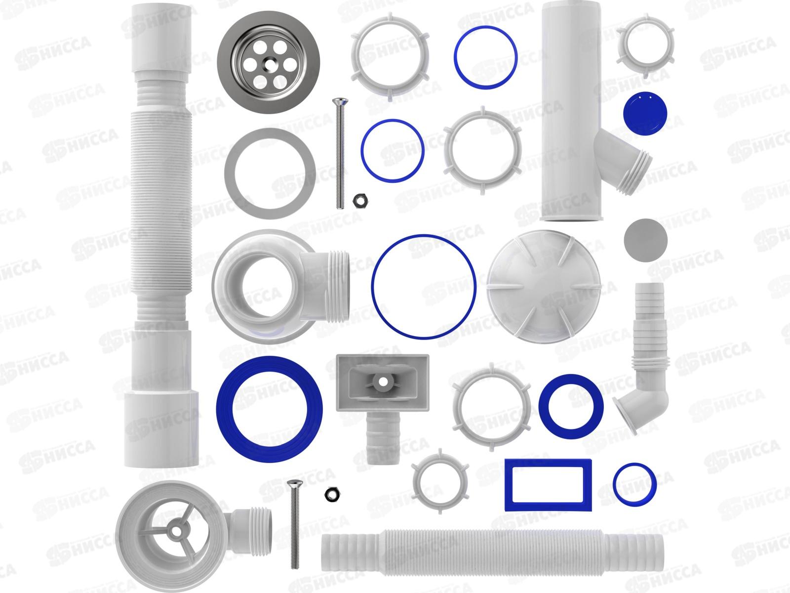 Сифон для кухни 1 1/2&quot х 40 с отводом для стиральной машины и переливом с гибкой трубой, B0015 *20