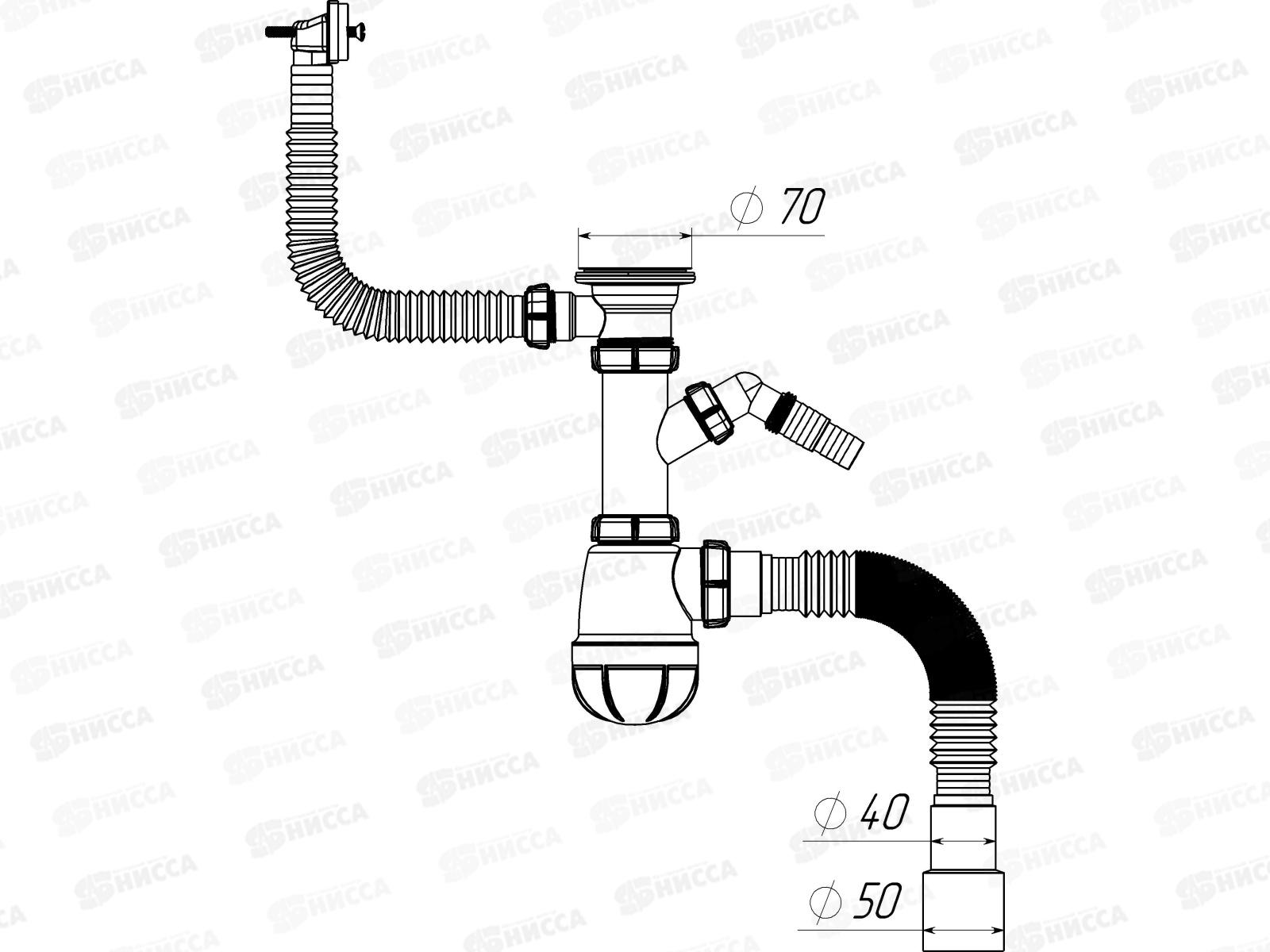 Сифон для кухни 1 1/2&quot х 40 с отводом для стиральной машины и переливом с гибкой трубой, B0015 *20