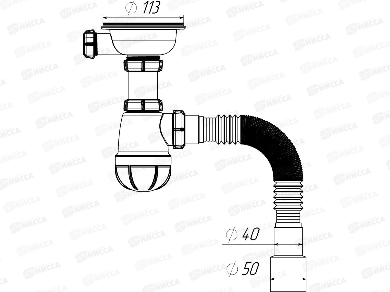 Сифон для  мойки 3 1/2&quot х 40  с гибкой трубой  40х40/50  белый  B0144БЕЛ-2  *20