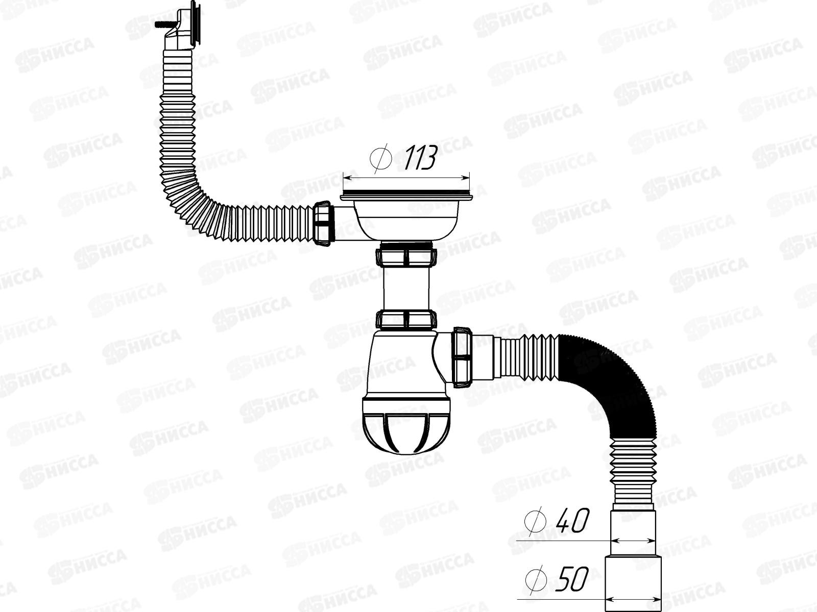 Сифон для мойки 3 1/2&quot х 40 с круглым переливом с гибкой трубой 40х40/50 белый *20