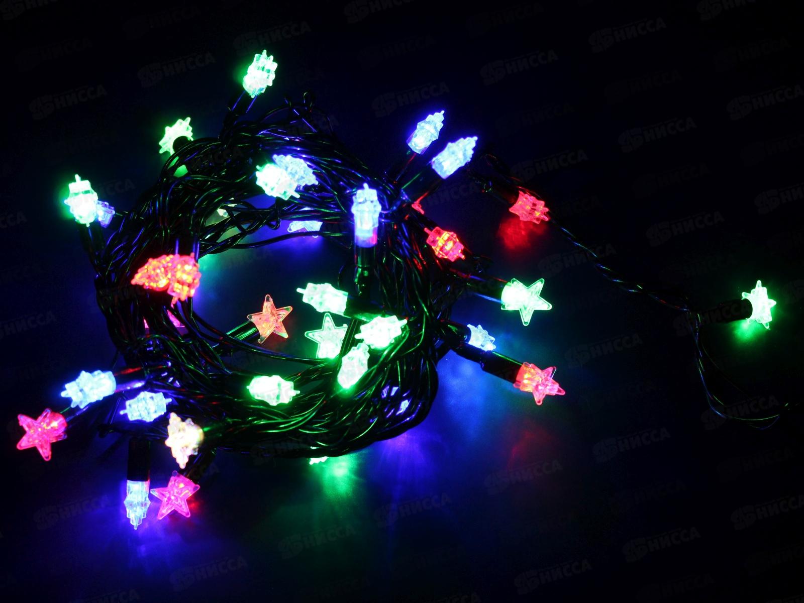 Гирлянда 5м,&quotЗвезды ледяные малые&quot,40 диодов, цветные, черный провод, AL-8606 *100