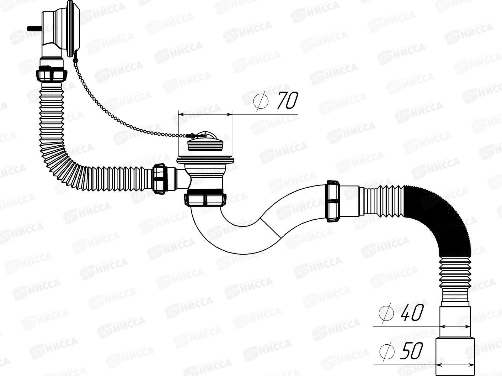 Сифон для ванны с выпуском и переливом с гибкой трубой 40х40/50, V155 *30
