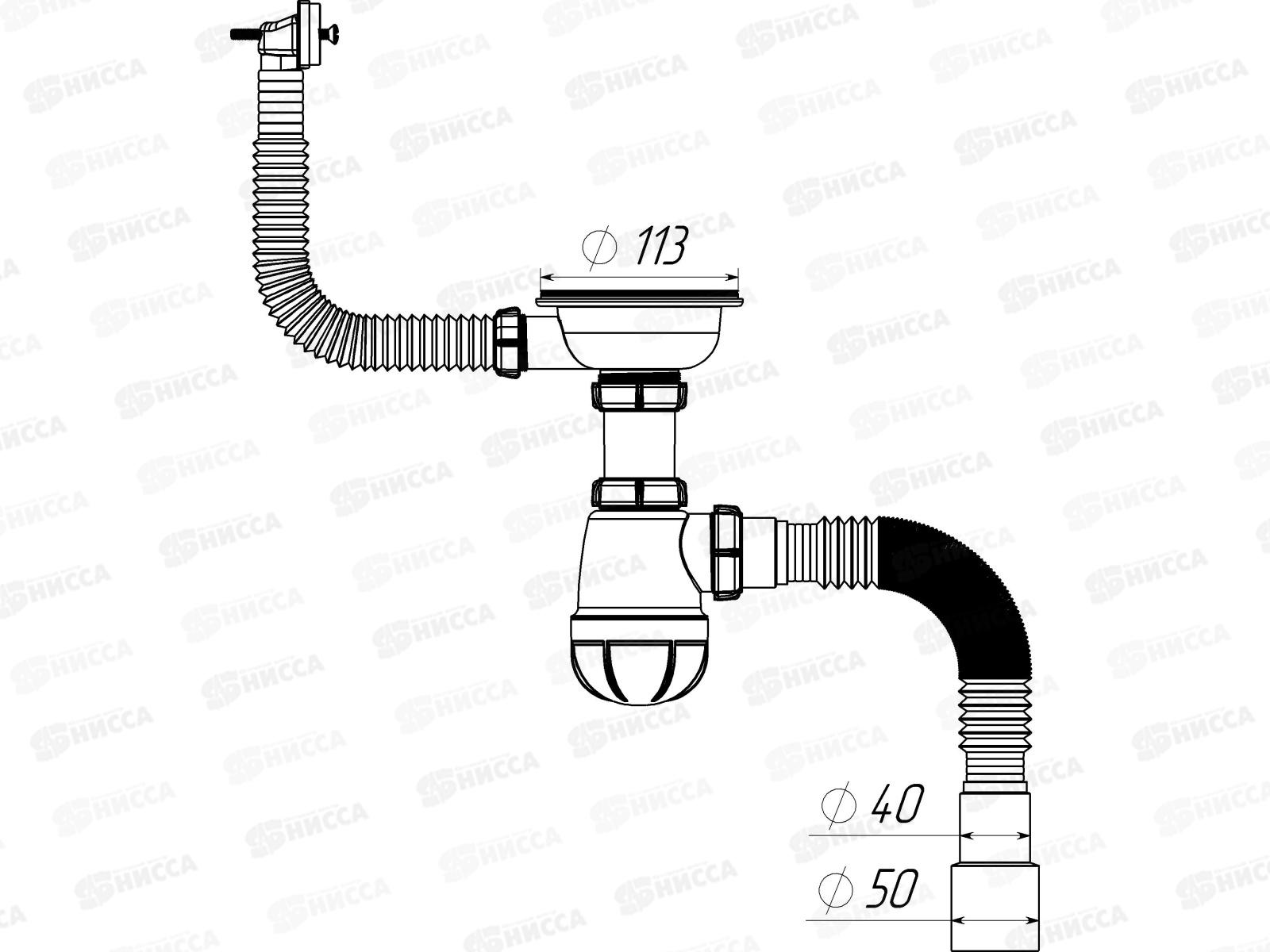 Сифон для мойки 3 1/2&quot х 40 с переливом с гибкой трубой 40х40/50 белый, B0148БЕЛ-20РS *20