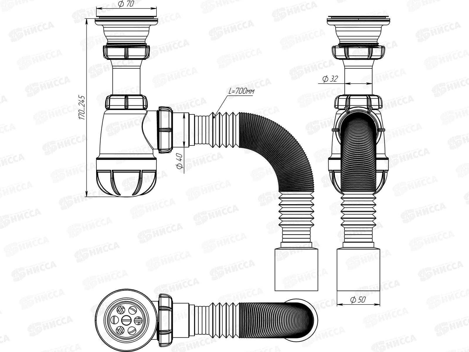 Сифон для умывальника малый 1 1/2&quot х 40 с выпуском с гибкой трубой 40х50, S0110-35 *35