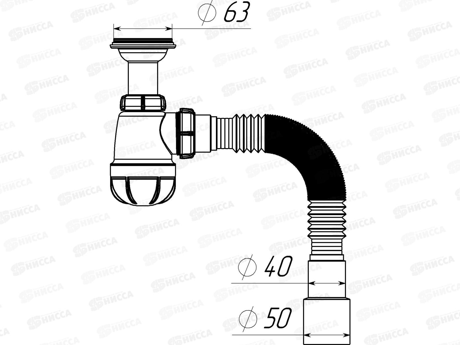 Сифон для умывальника 1 1/4&quot х 40 с удлинённой горловиной с гибкой трубой 40х40/50, S2015-35 *35