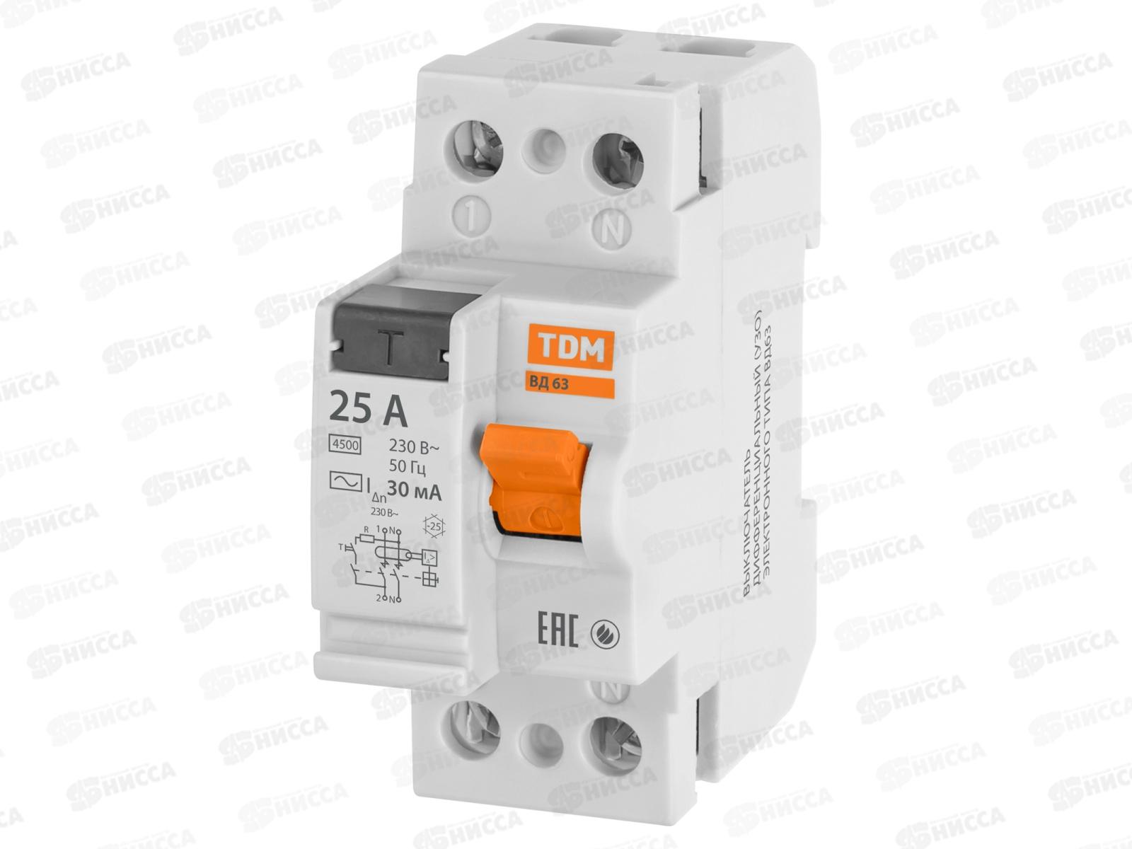 Устройство защитного отключения ВД63 2Р 25А 30мА (электронное) TDM, 0002