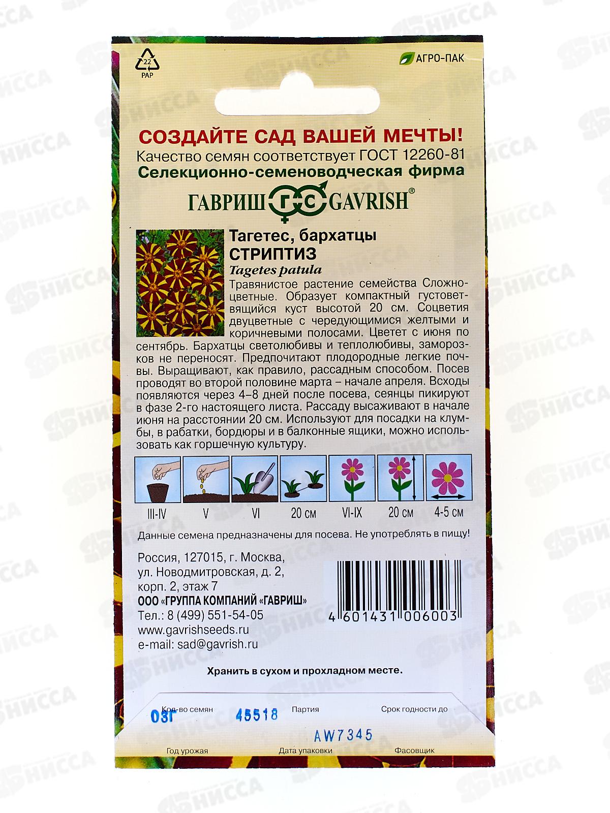 Бархатцы отклоненные Стриптиз (Тагетес) 0,3г  *10 ГШ