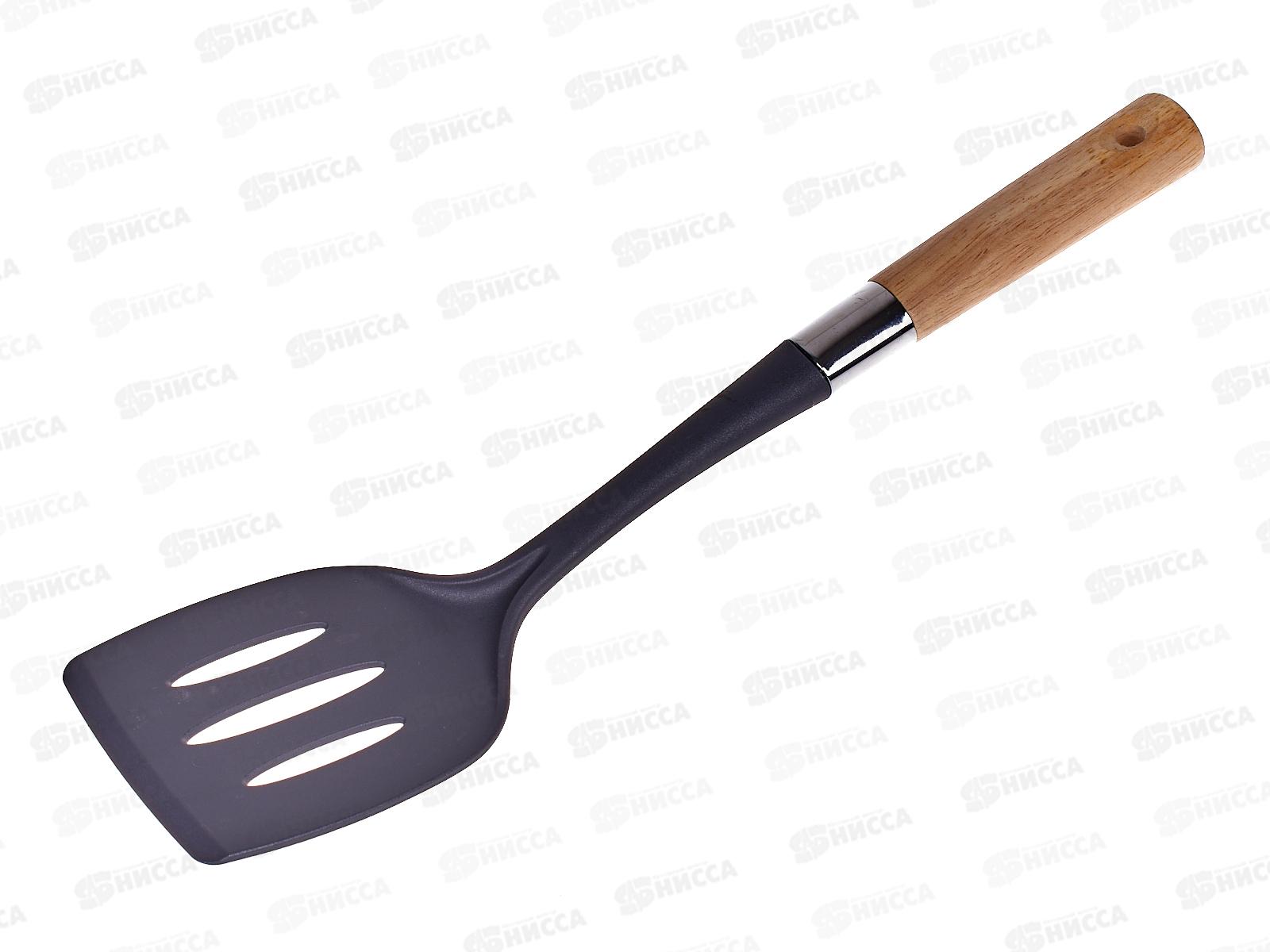 Лопатка с прорезями нейлон деревянная ручка 17302 *24/72