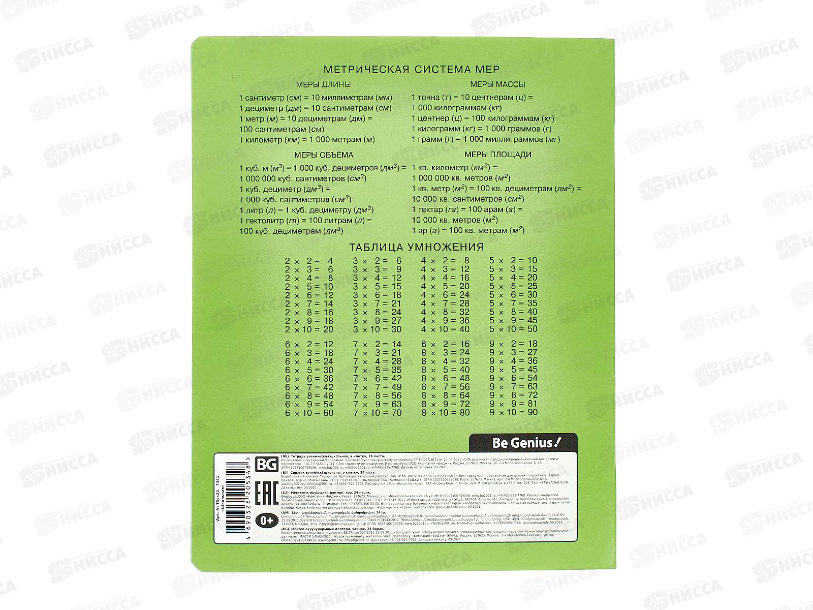 Тетрадь 24 листа клетка BG Школьная, зеленая, 7341*12/120