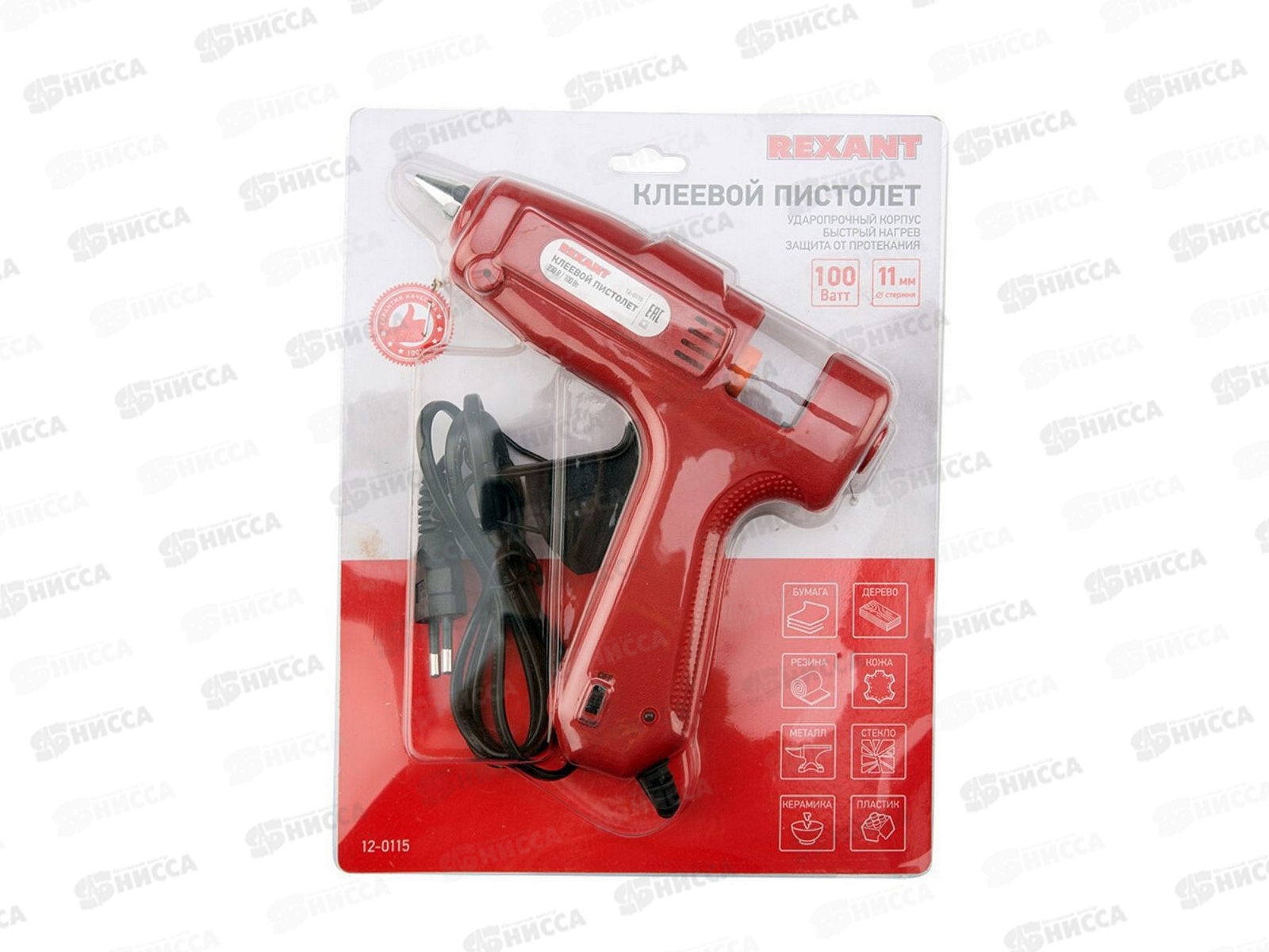 Пистолет клеевой 100Вт, 11мм, с кнопкой, REXANT блистер, 12-0115