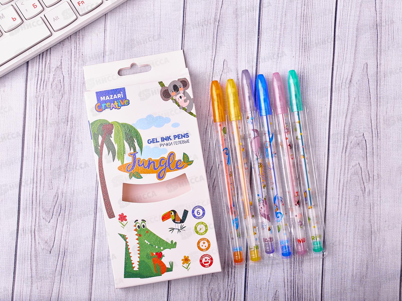 Ручки гелевые MAZARI Jungle  6цветов с  блестками 0.9, M-5426-6 *10/80/160