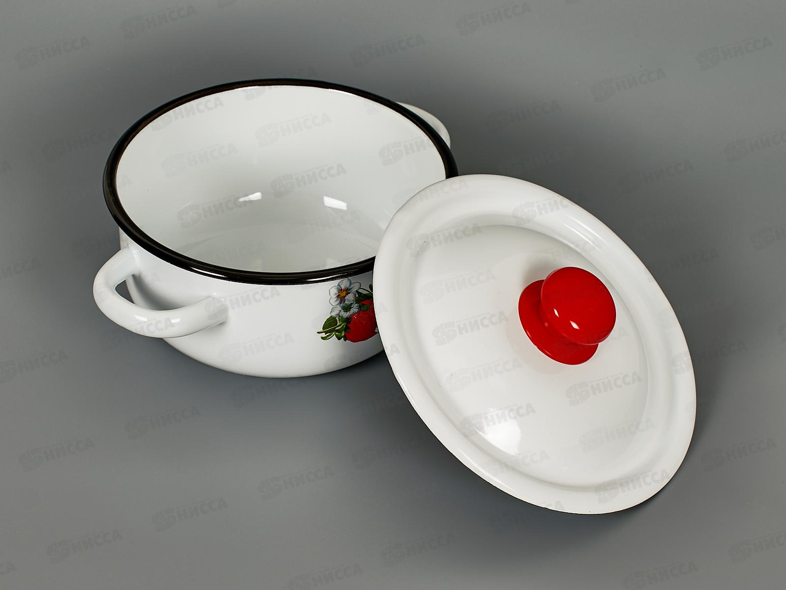 Кастрюля 1,5л цилиндрическая Клубника садовая, белая с пластмассовой кнопкой С1607.3*59