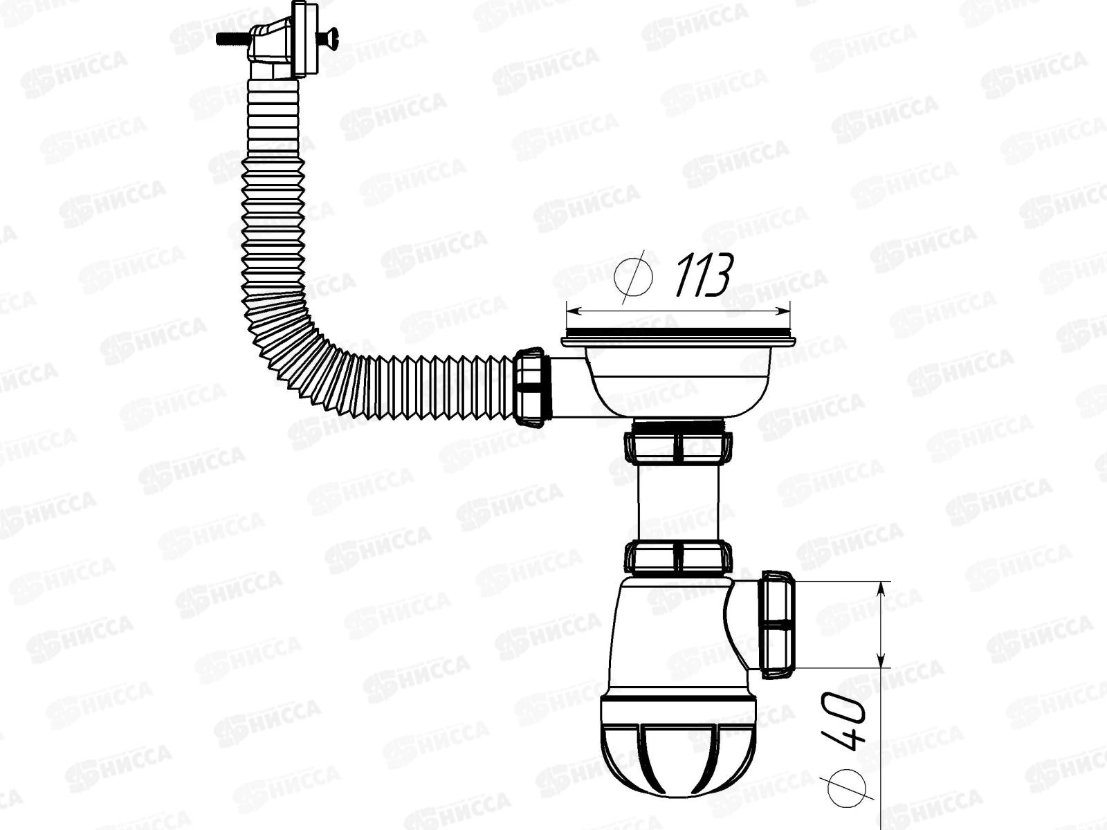 Сифон для мойки 3 1/2&quot х 40 с металлической решеткой, с прямоугольным переливом, 0145 *29