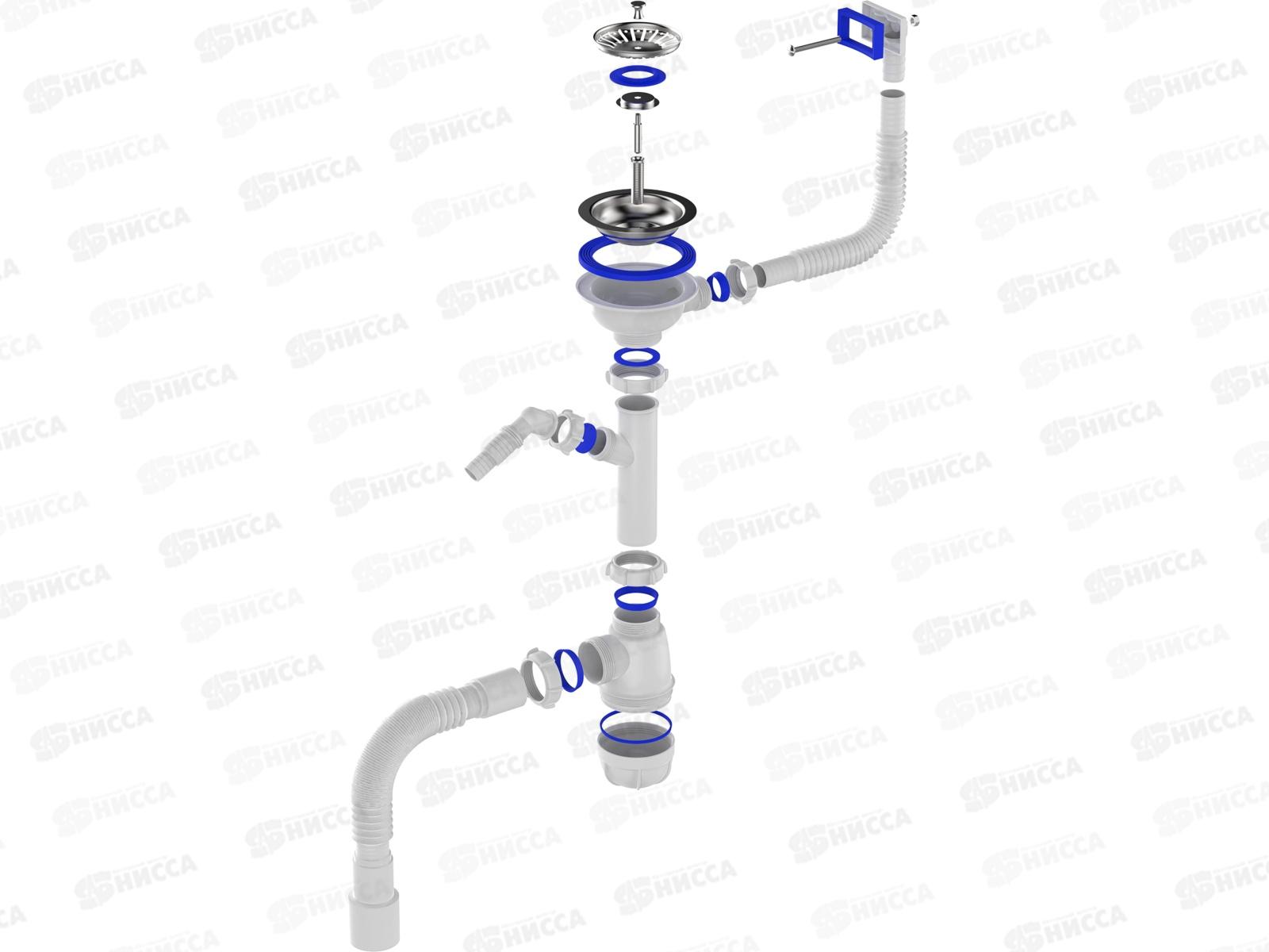 Сифон для мойки 3 1/2&quot х 40 с металлической решеткой, прямоугольным переливом, с отводом для стиральных машин с гофротрубой 40*40/50, 0147 *20