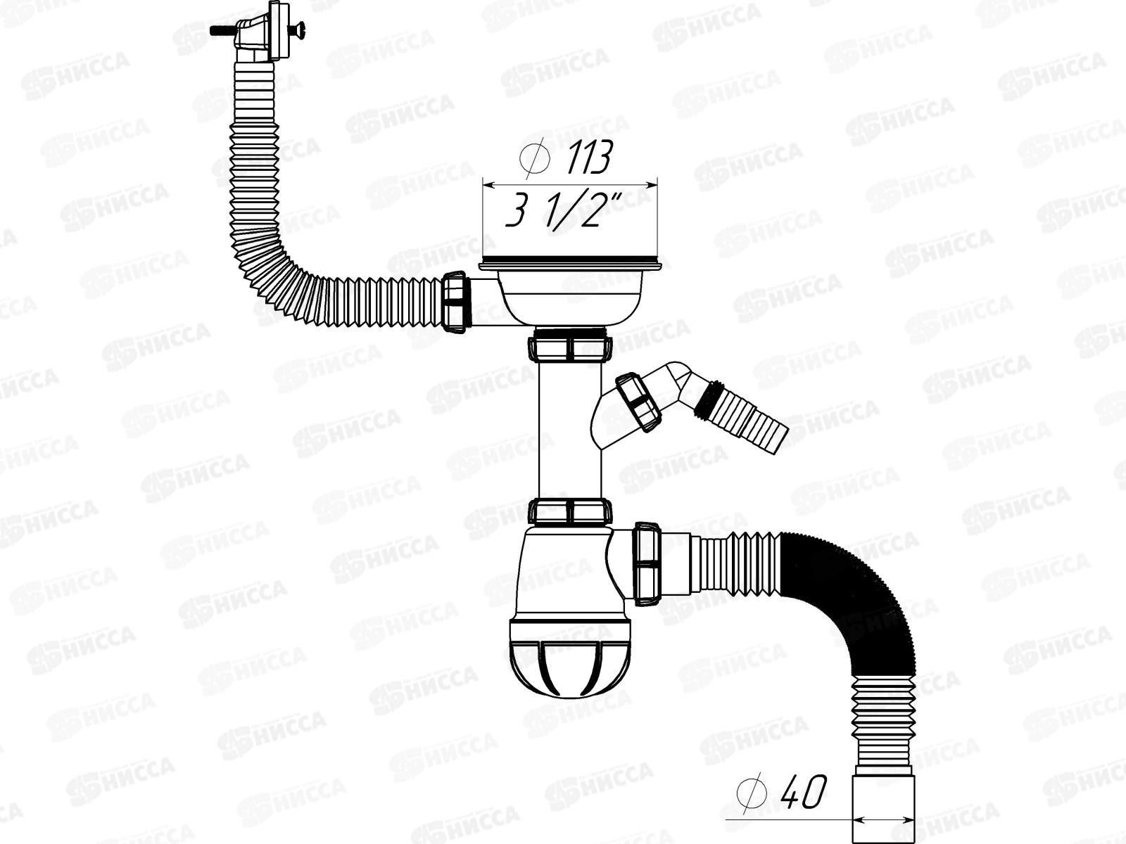 Сифон для мойки 3 1/2&quot х 40 с металлической решеткой, прямоугольным переливом, с отводом для стиральных машин с гофротрубой 40*40/50, 0147 *20