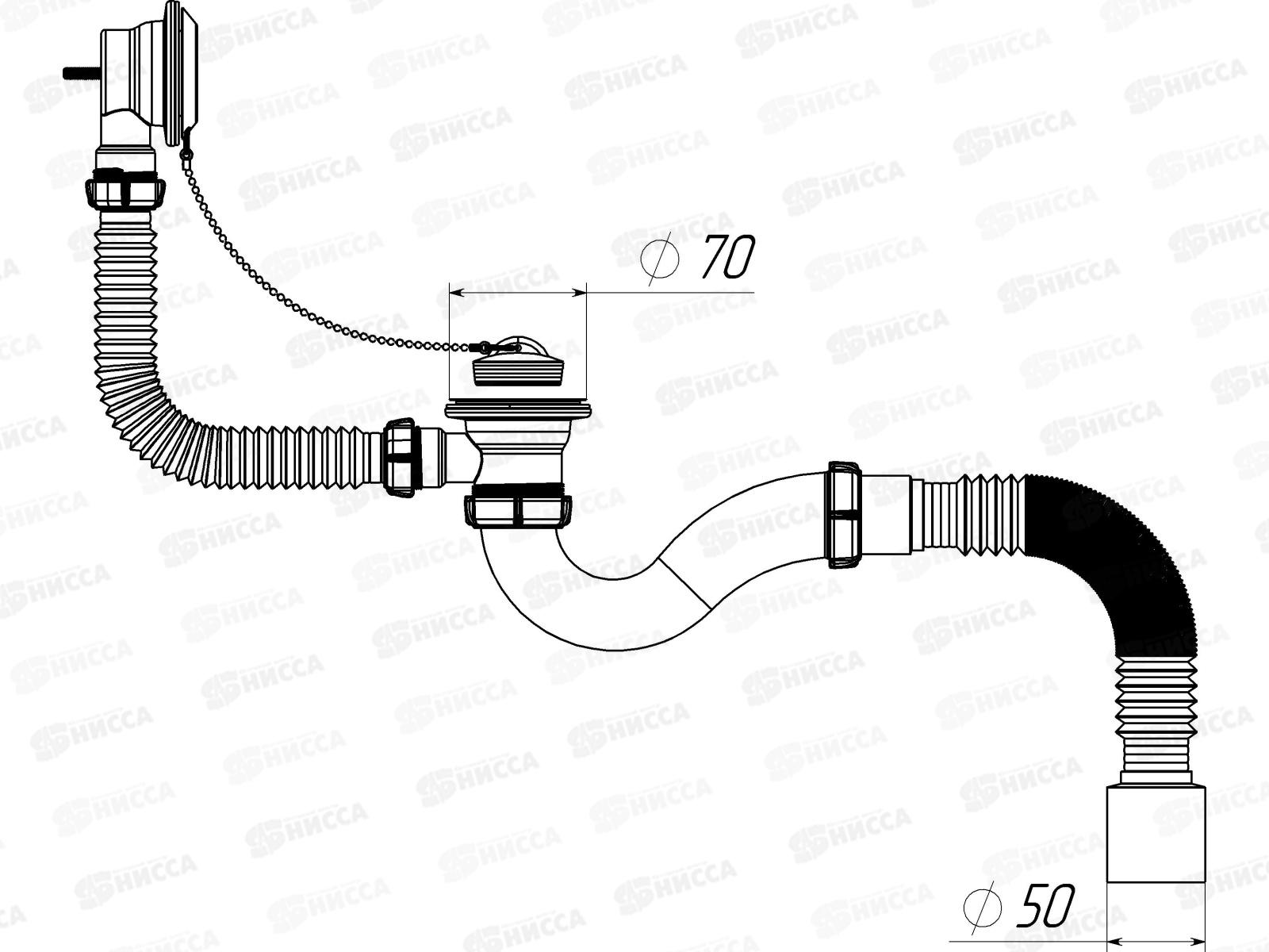 Сифон для ванны 1 1/2&quot*40 с выпуском и переливом, с мет.решеткой. с гофротрубой 40*50, V150  *30