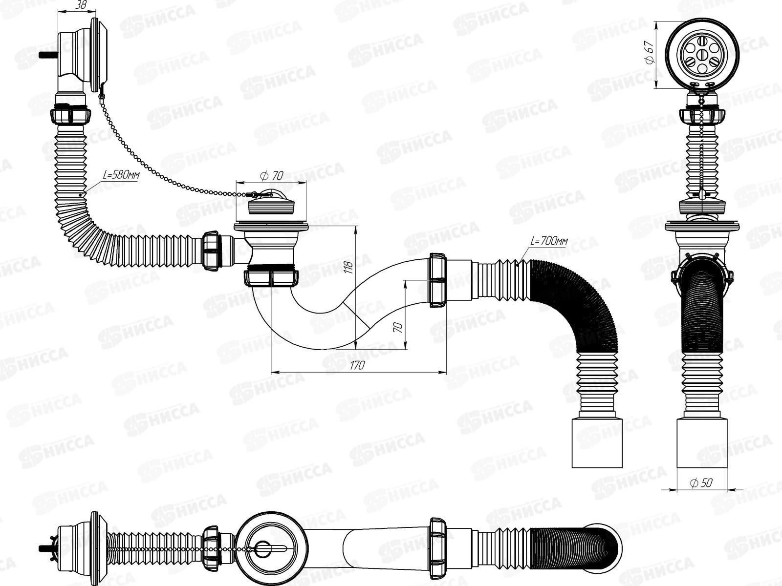 Сифон для ванны 1 1/2&quot*40 с выпуском и переливом, с мет.решеткой. с гофротрубой 40*50, V150  *30