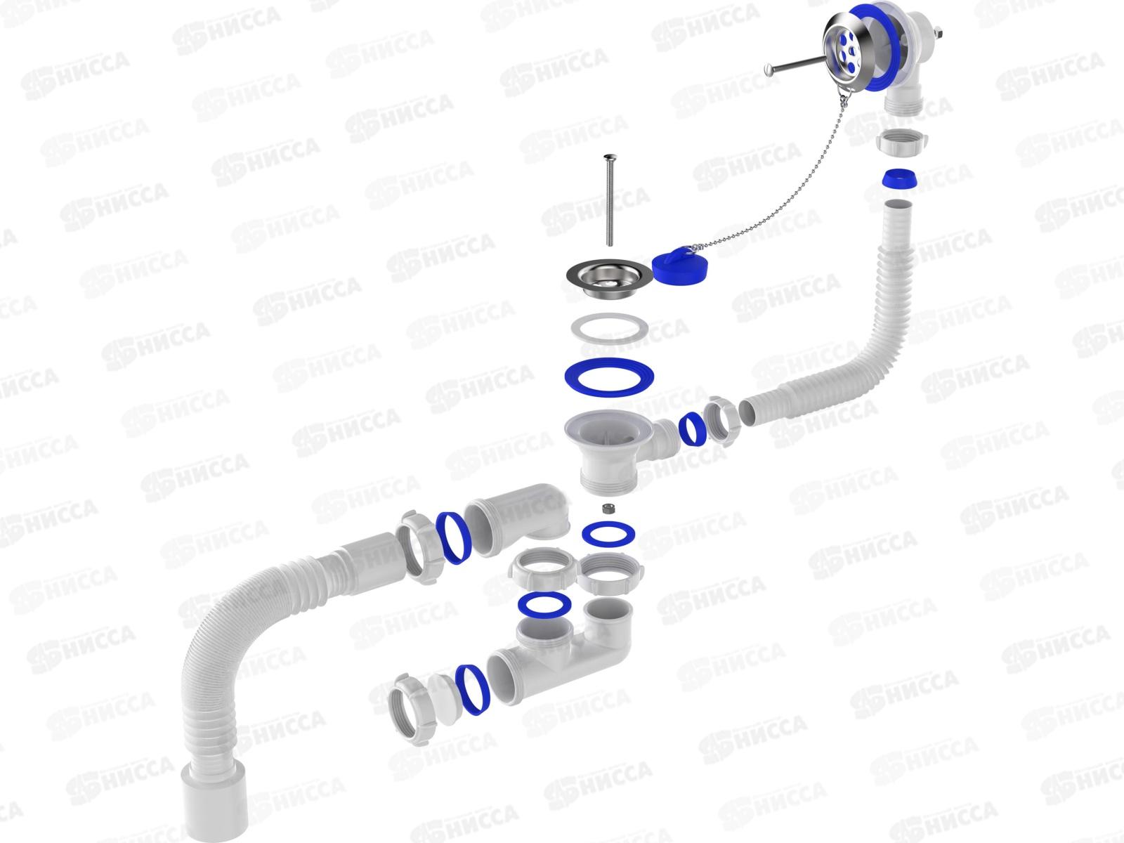 Сифон для ванны 1 1/2&quot*40 регулируемый с выпуском и переливом, металлическая решетка с гофротрубой 40*50, V250 *30