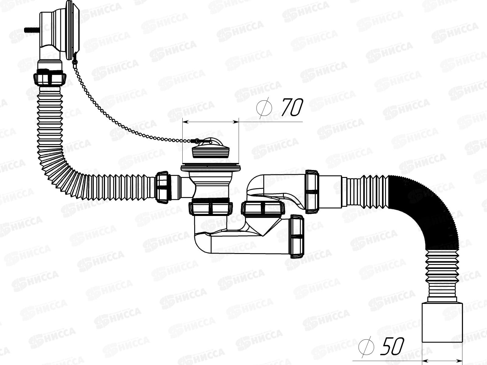 Сифон для ванны 1 1/2&quot*40 регулируемый с выпуском и переливом, металлическая решетка с гофротрубой 40*50, V250 *30