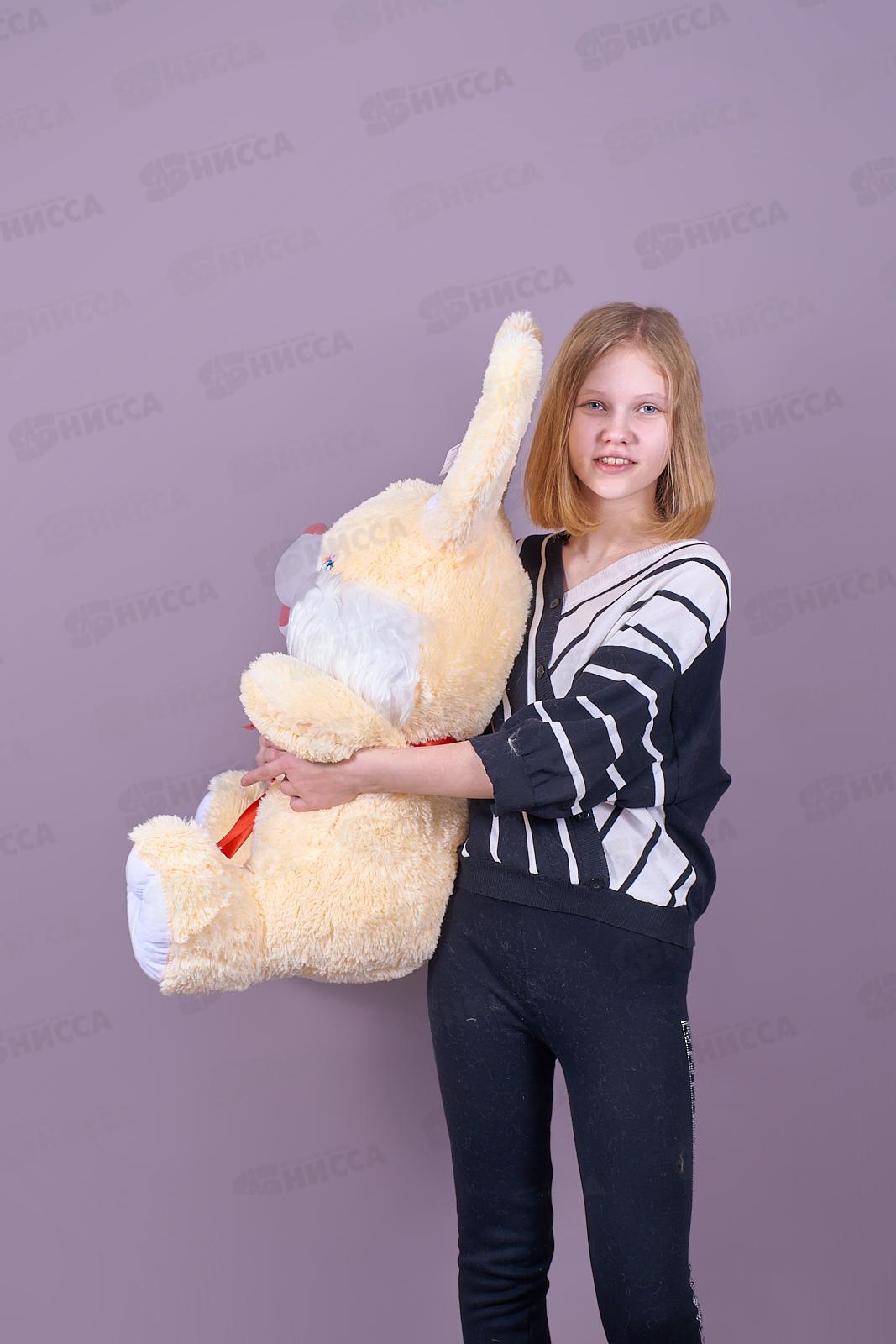 Заяц Валентин 80см, ЗВ-80Ч цвет-персиковый, с лентой Мила