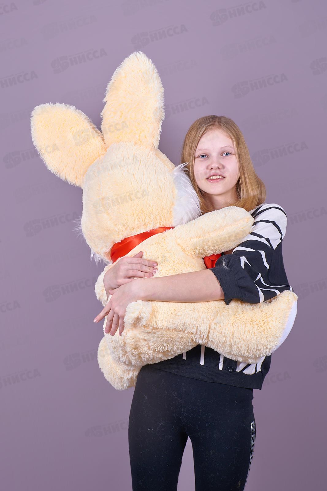 Заяц Валентин 80см, ЗВ-80Ч цвет-персиковый, с лентой Мила