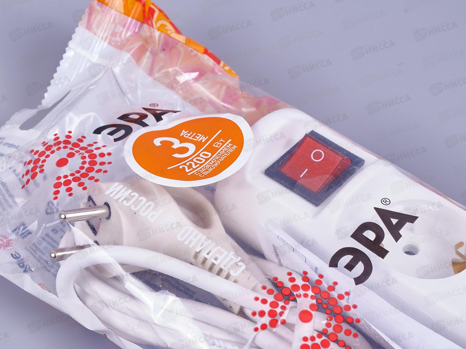 Удлинитель электрический ЭРА UX-3es-3m с заземлением с выключателем 3 розетки, 3 м ПВС 3x0,75мм2 10А   *5/20