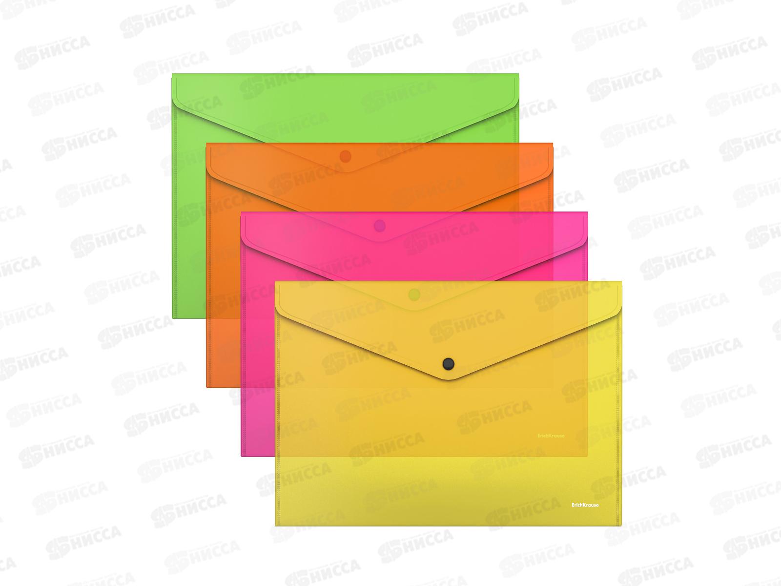 Папка-конверт пл. на кнопке EK А4 Glossy Neon непрозр., асс. 50300