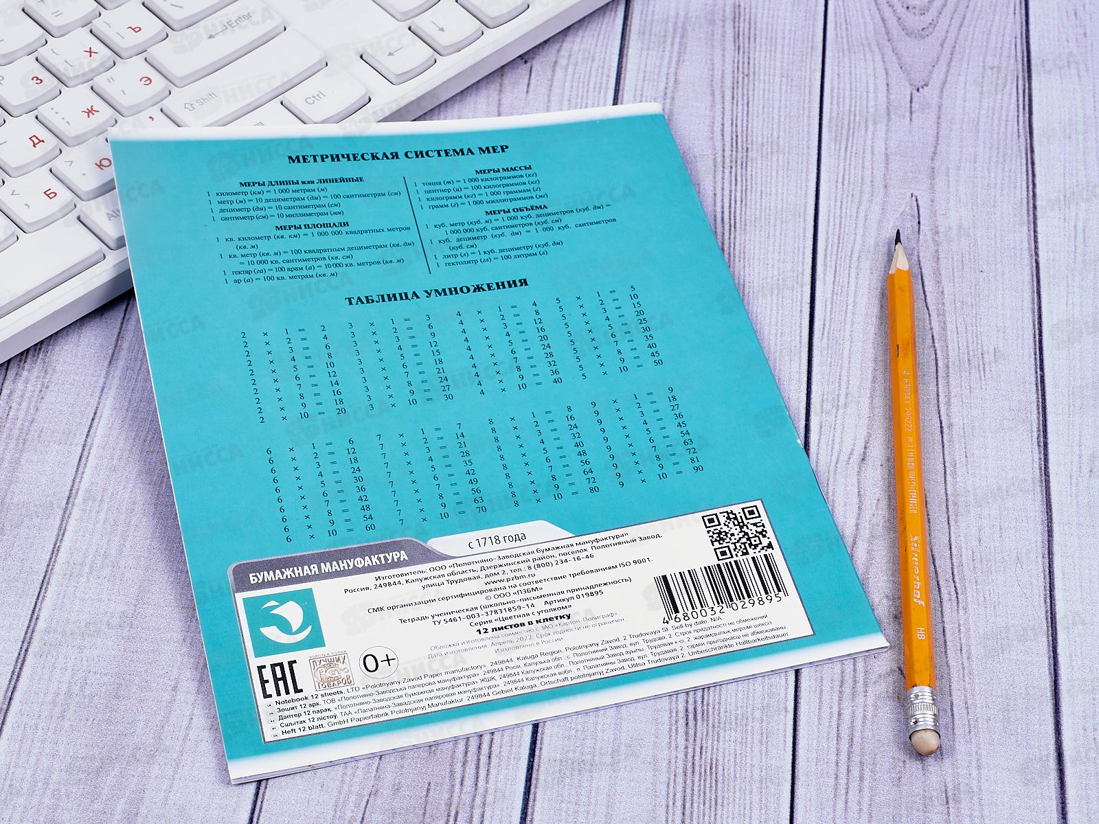 Тетрадь 12 листов клетка. ПЗБМ Цветная с уголком,019895 *20/240