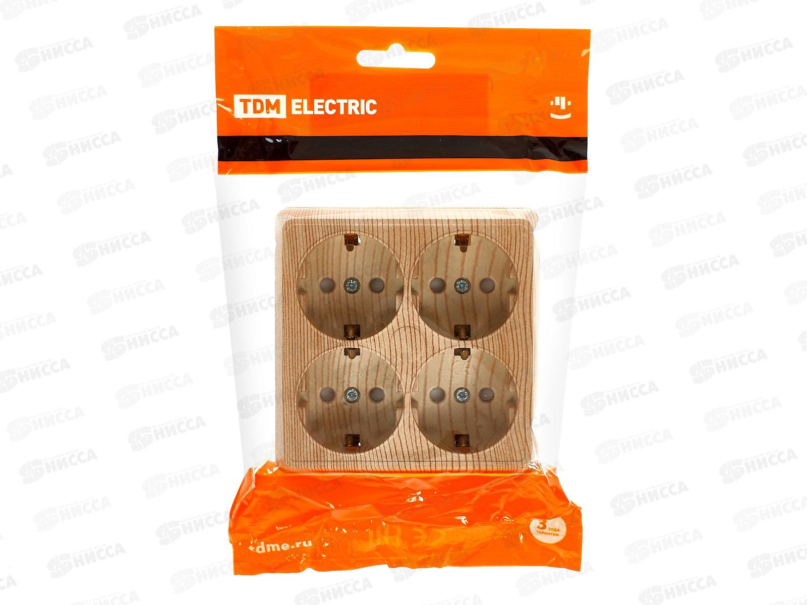 Розетка TDM четырехместная открытой установки, IP20 16А сосна &quotЛадога&quot, с защитными шторками, 0423 *6