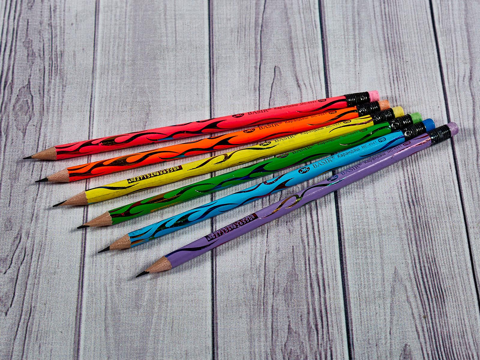 Карандаш чернографитный с ластиком BASIR цветной с голографич.рис. MC-4941 *12/144