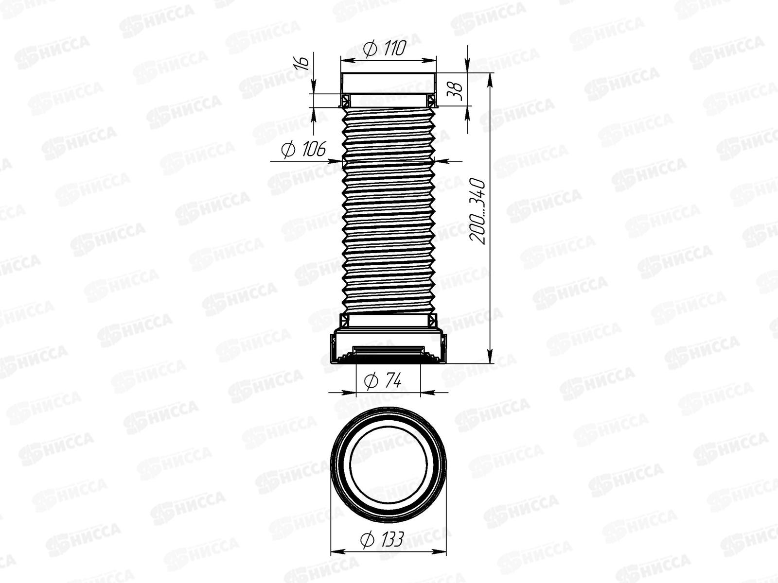 Удлинитель гибкий для унитаза армированный 200-340мм, с фановым выходом, T911 *27