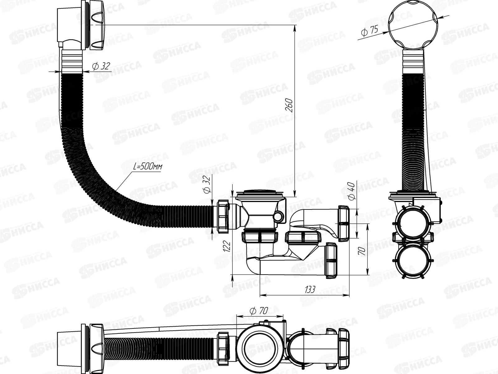 Сифон для ванны регулируемый 1 1/2&quotх40 с выпуском и переливом полуавтомат? V311 *22