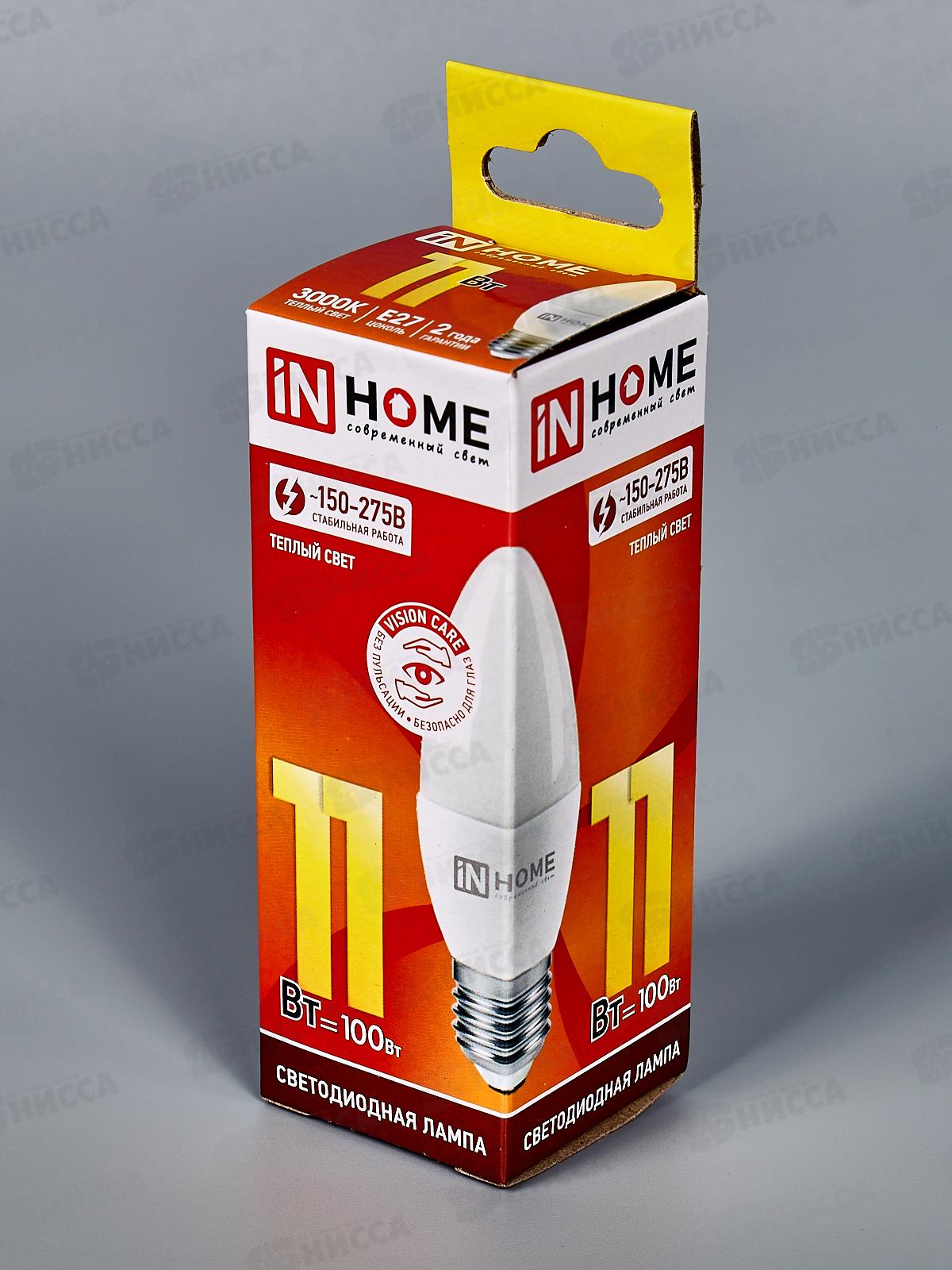 Лампа светодиодная IN HOME LED-СВЕЧА-VC  11Вт E27 3000К 1050Лм *10/100