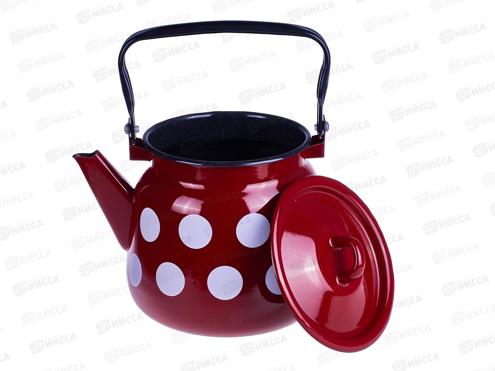 Чайник 3,5л сферический Белый большой горох, вишневый/черный рябчик с петлей С2716.ЯР*106