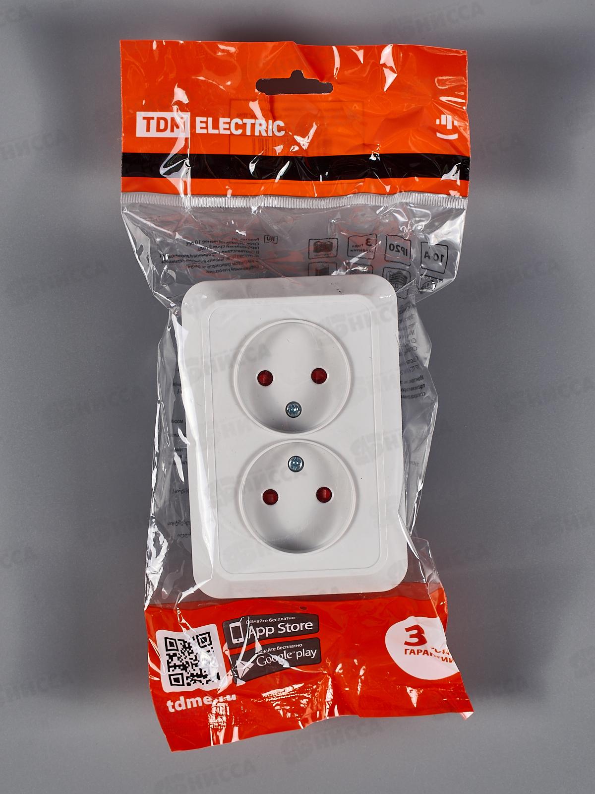 Розетка TDM двойная угловая открытая установка с з/ш, IP20 10А белый &quotЛадога&quot, 0022