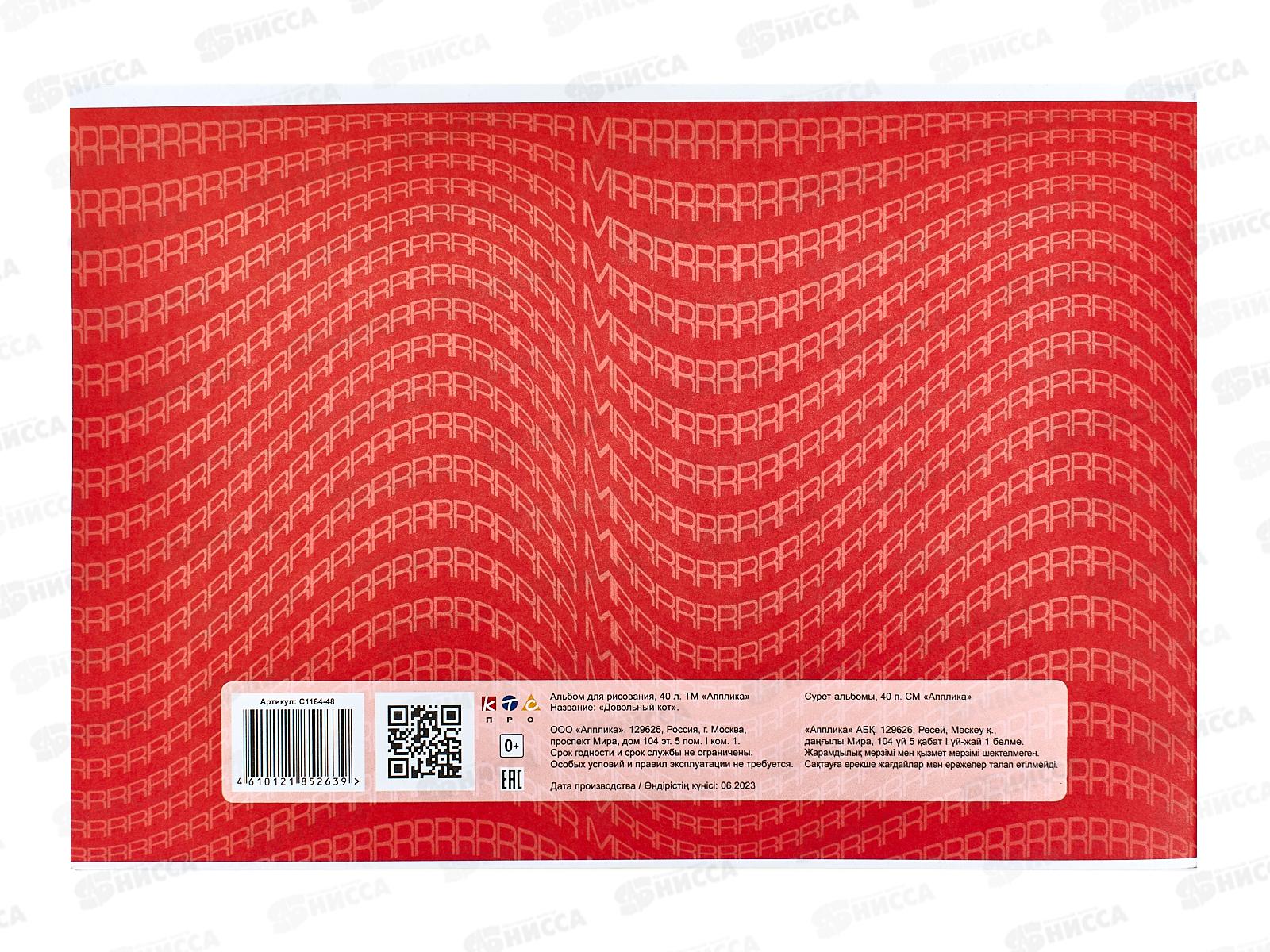 Альбом для рисования 40л Апплика,Довольный кот С1184-48*30