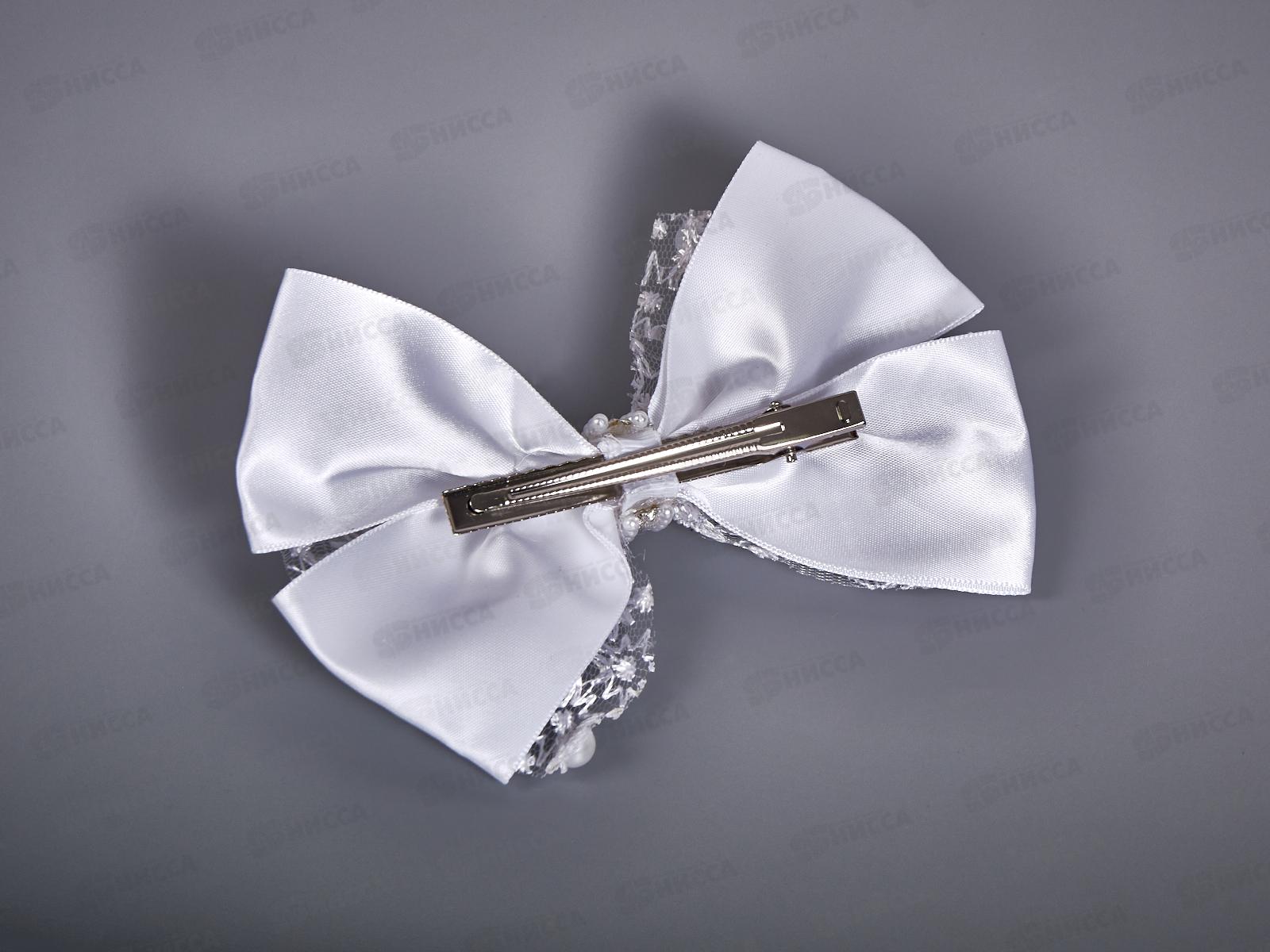 Бант с зажимом &quotУтка&quot шёлк,капрон,жемчуг,стразы бел. 14см.№8063