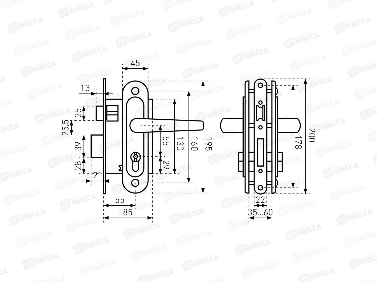 Замок врезной Птимаш ЗВ4-3.08 серебро шуруп с ручкой *10 8 459