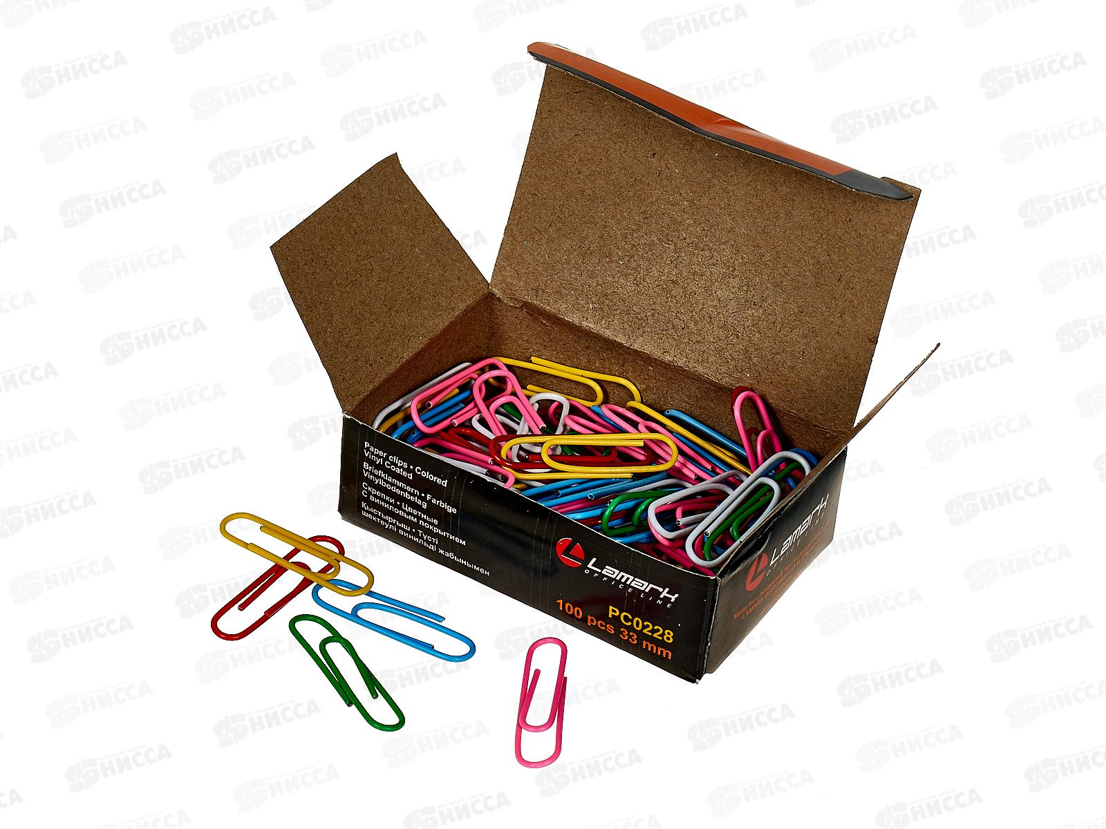 Скрепки LAMARK  33мм 100шт к/у, цветн., винил 228*10/250