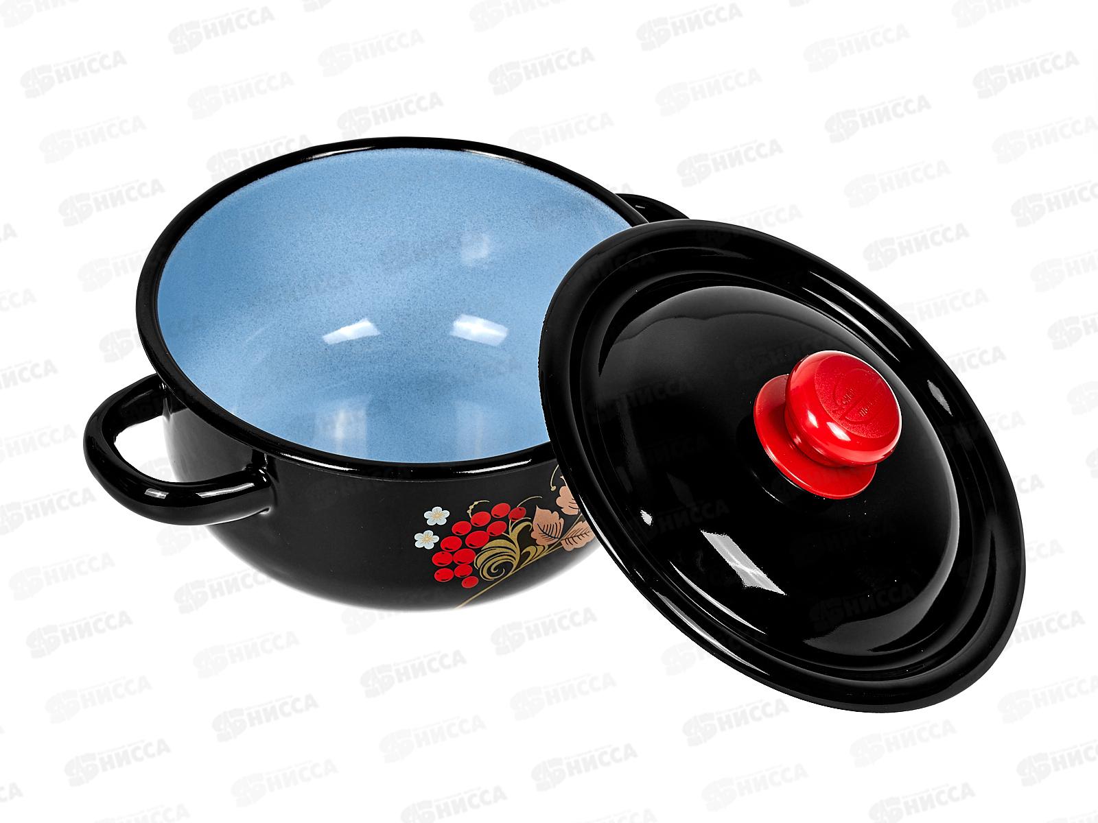Кастрюля 1,5л цилиндрическая, с  декором, чёрная с пласмассовой кнопкой С1607.36