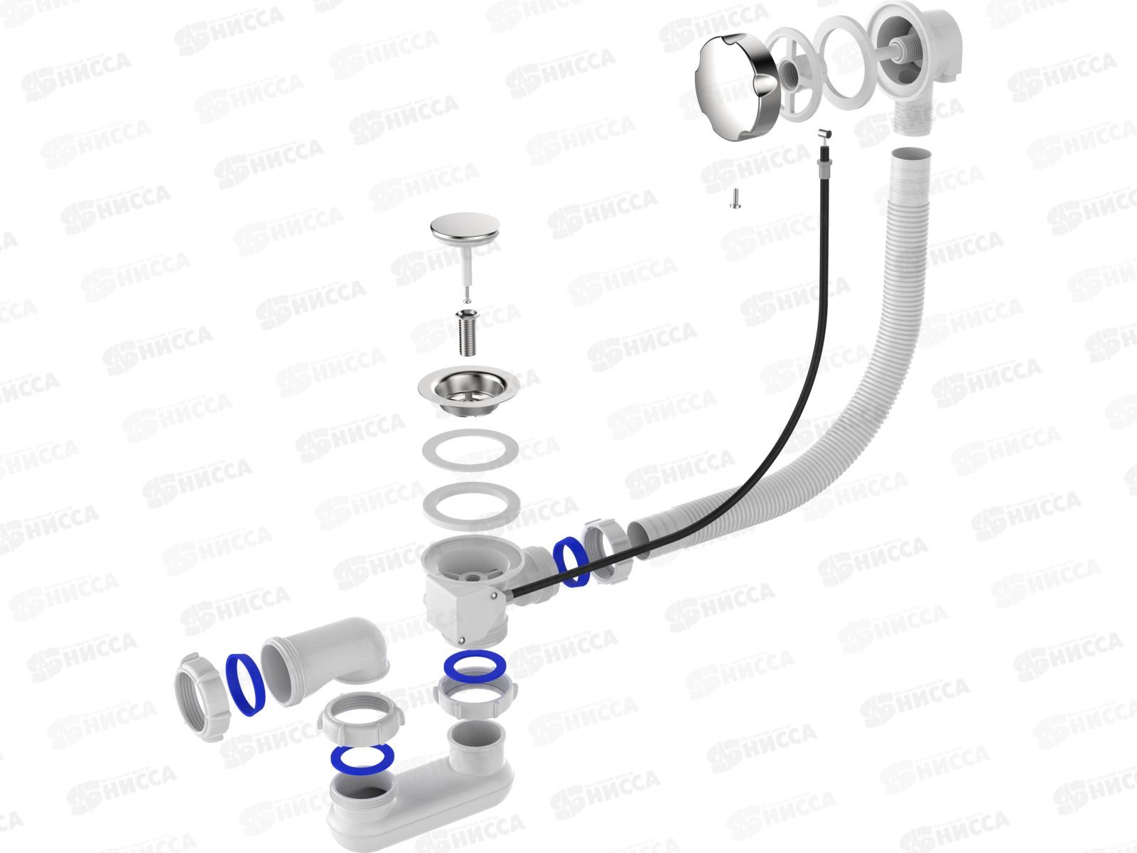 Сифон для ванны плоский регулируемый 1 1/2&quotх40 перелив полуавтомат с металлической ручкой, V431-22-MR *22
