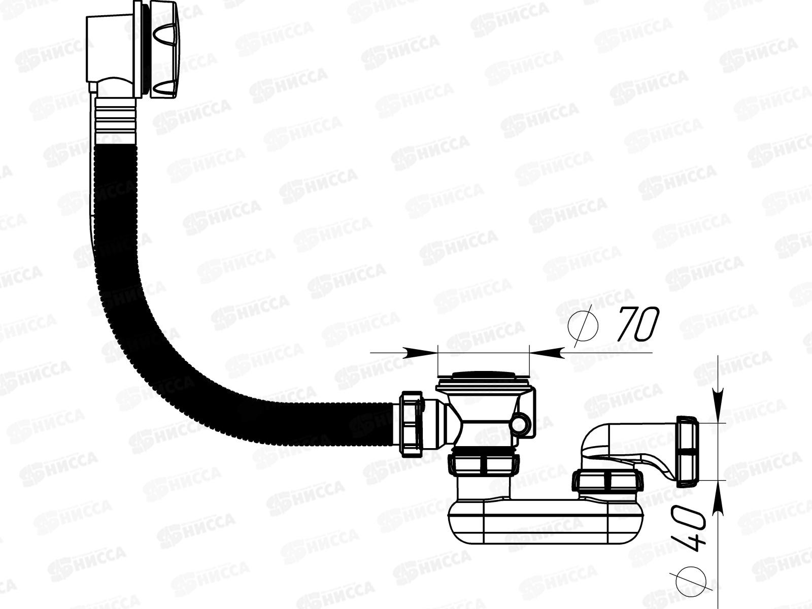 Сифон для ванны плоский регулируемый 1 1/2&quotх40 перелив полуавтомат с металлической ручкой, V431-22-MR *22