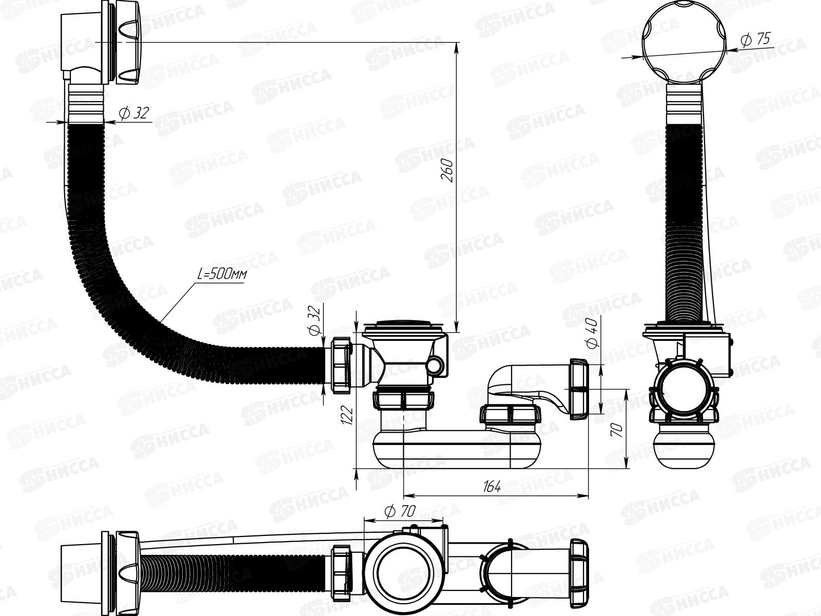 Сифон для ванны плоский регулируемый 1 1/2&quotх40 перелив полуавтомат с металлической ручкой, V431-22-MR *22