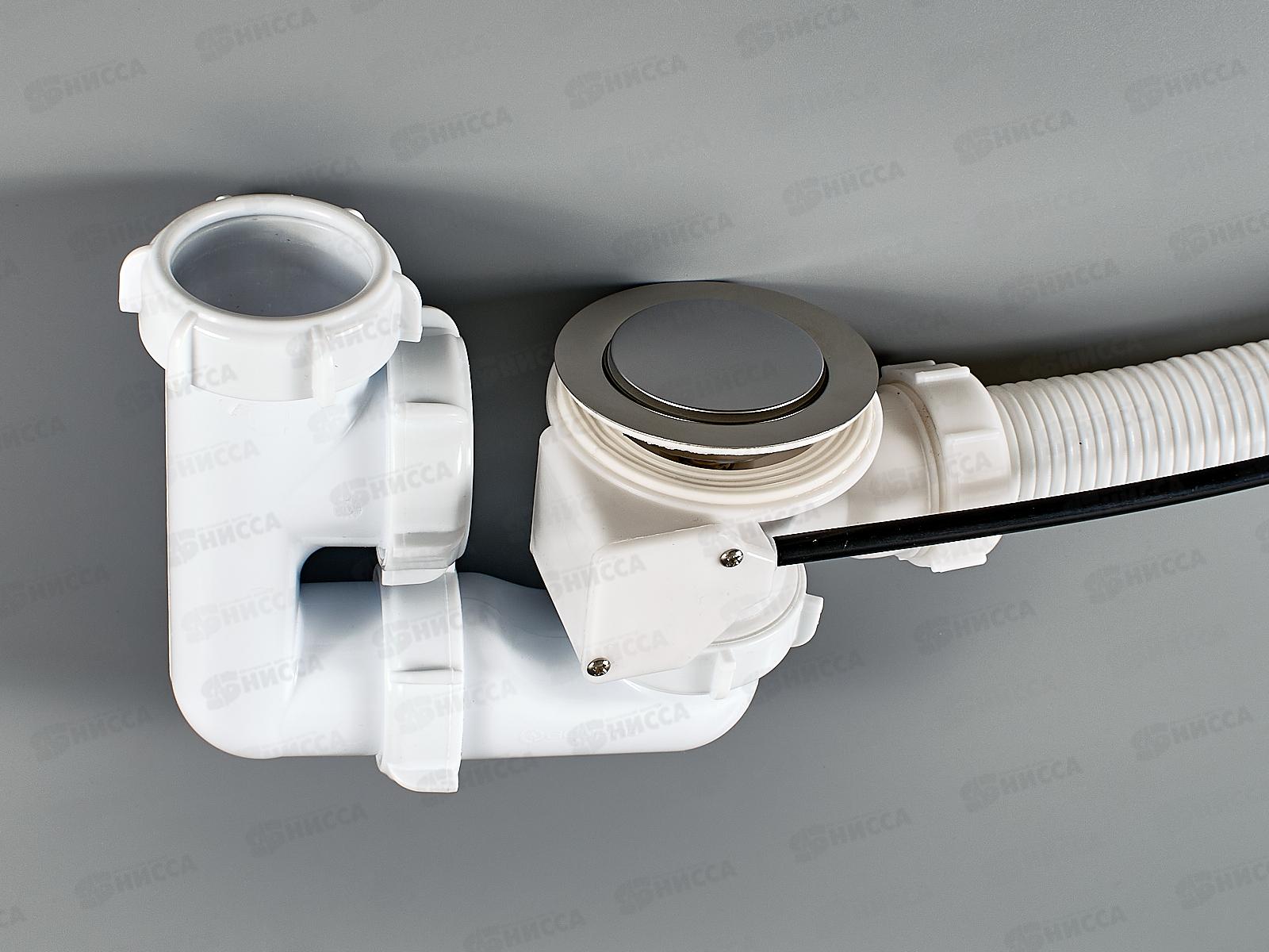 Сифон для ванны регулируемый с выпуском и переливом с металлической ручкой, полуавтомат,  V411-22-MR *22