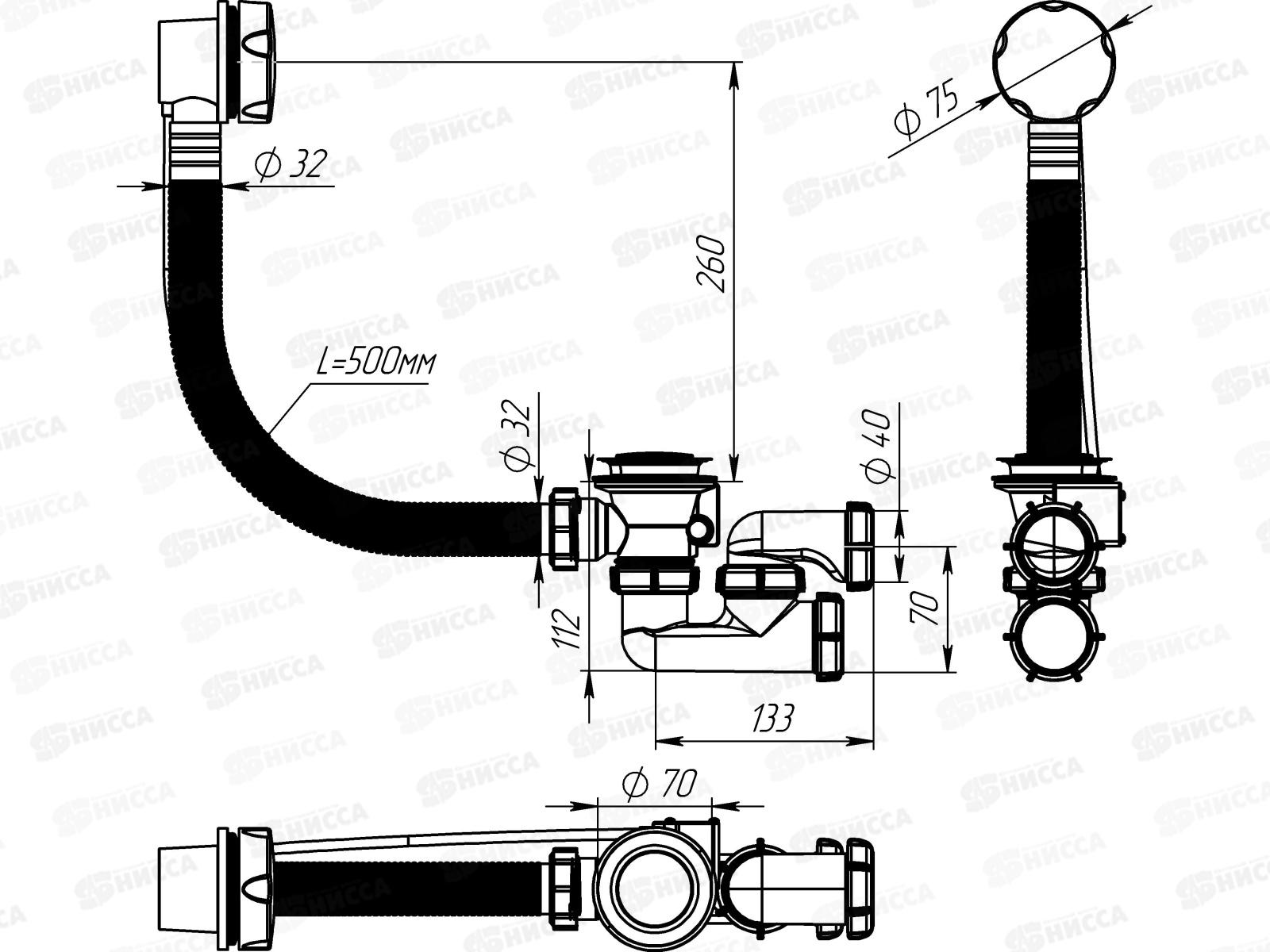 Сифон для ванны регулируемый с выпуском и переливом с металлической ручкой, полуавтомат,  V411-22-MR *22