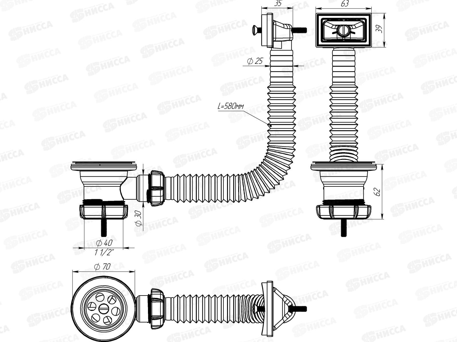 Выпуск 1 1/2&quot с металлической решеткой с  прямоугольным переливом, NV120-45-MR *45